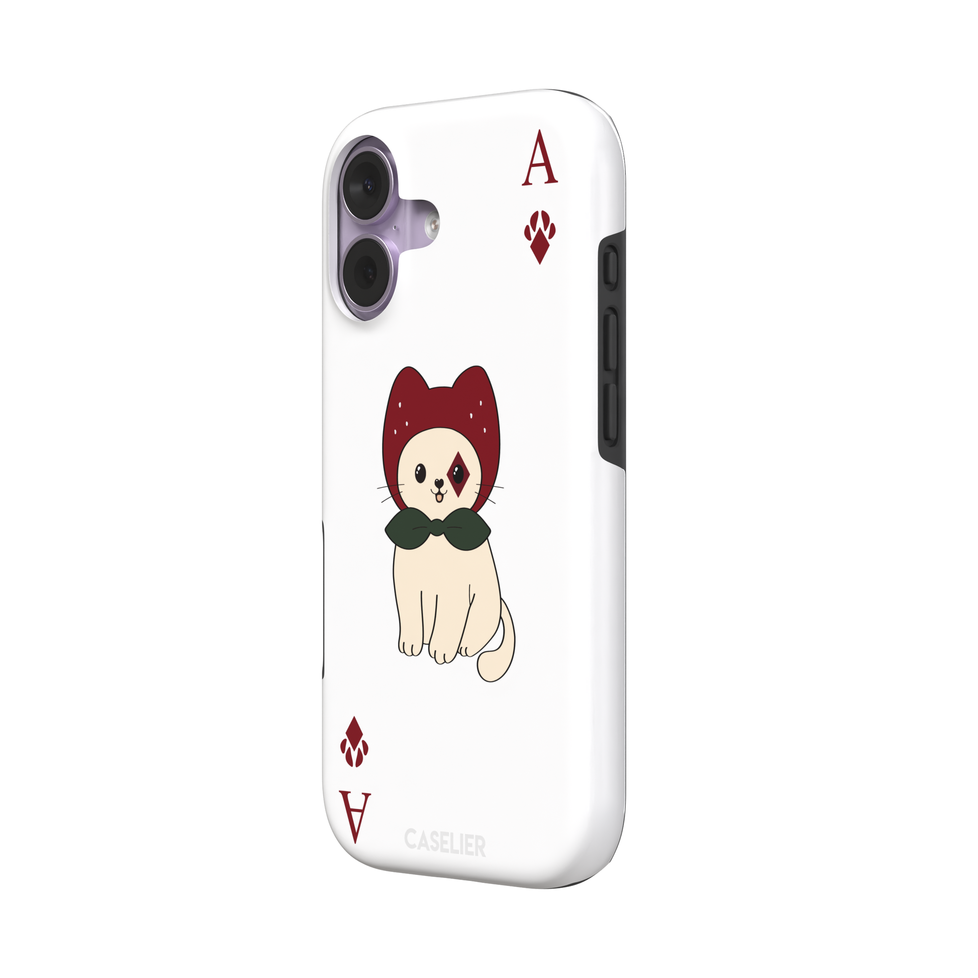 Ace of Diamonds phone case in white with a kawaii cream cat wearing a crimson hood and green bow tie, Ace and paw-print diamond suit symbols at each corner, white colorway variant from the Paw Decks collection — tough case, right view