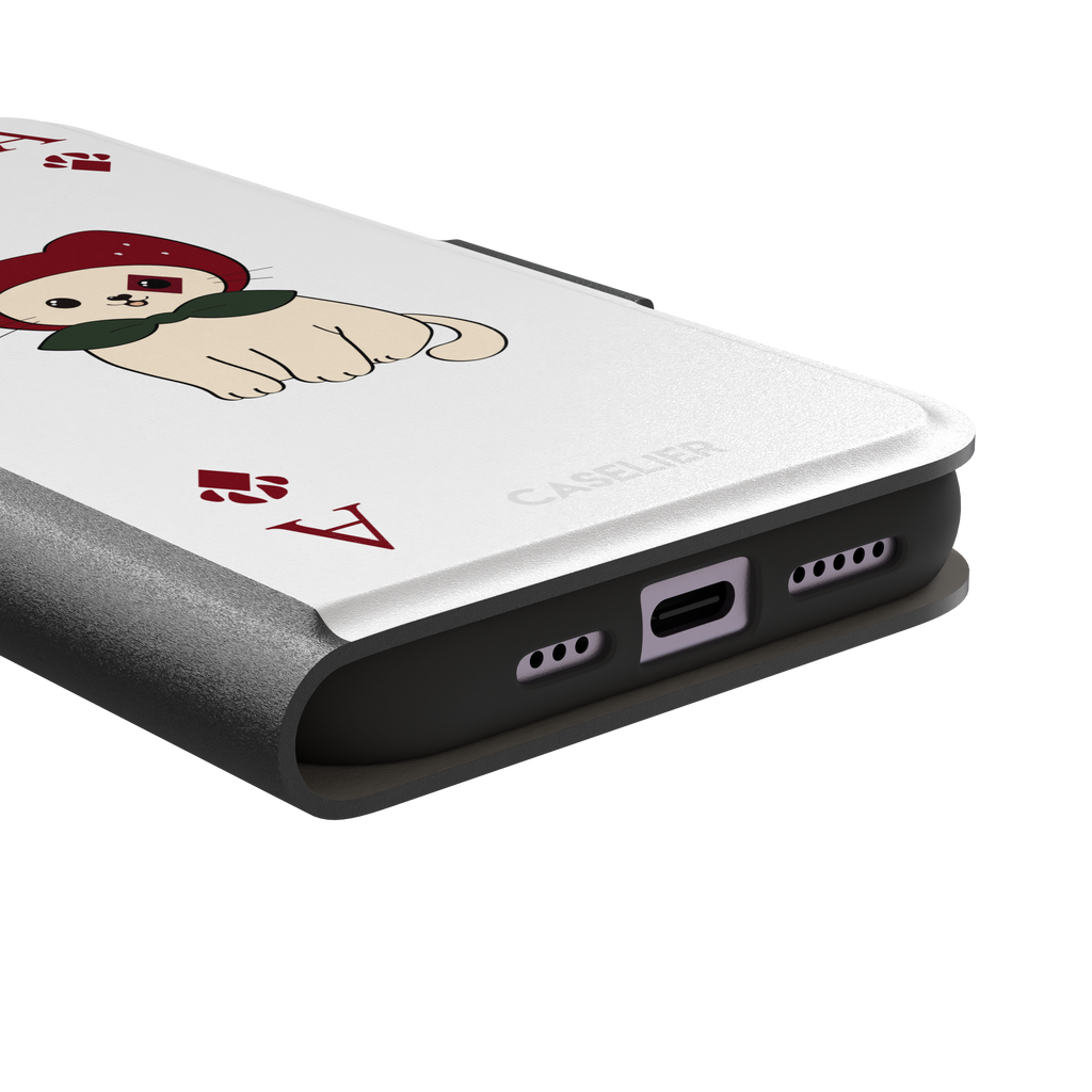 Ace of Diamonds phone case in white with a kawaii cream cat wearing a crimson hood and green bow tie, Ace and paw-print diamond suit symbols at each corner, white colorway variant from the Paw Decks collection — wallet case, charging port detail