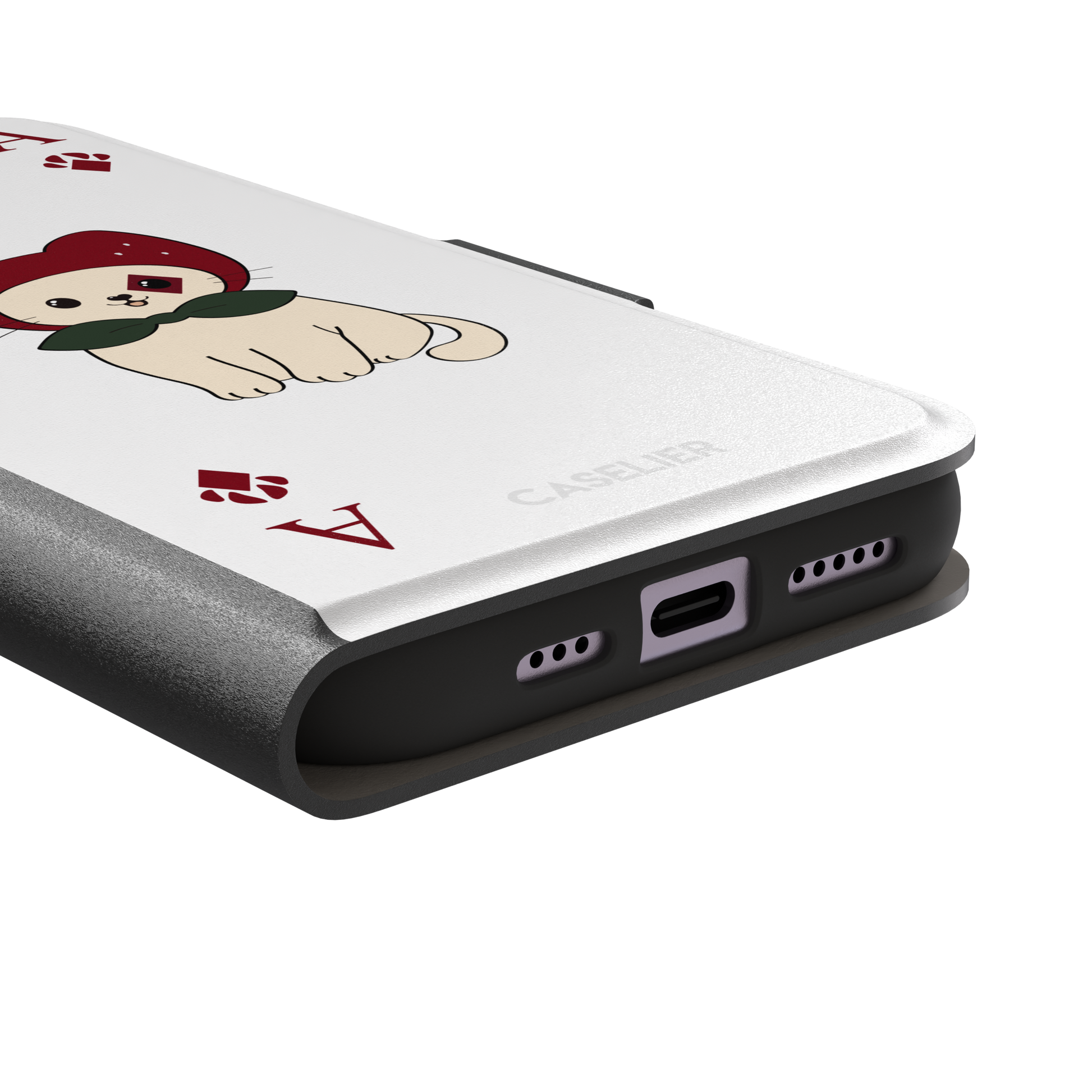 Ace of Diamonds phone case in white with a kawaii cream cat wearing a crimson hood and green bow tie, Ace and paw-print diamond suit symbols at each corner, white colorway variant from the Paw Decks collection — wallet case, charging port detail