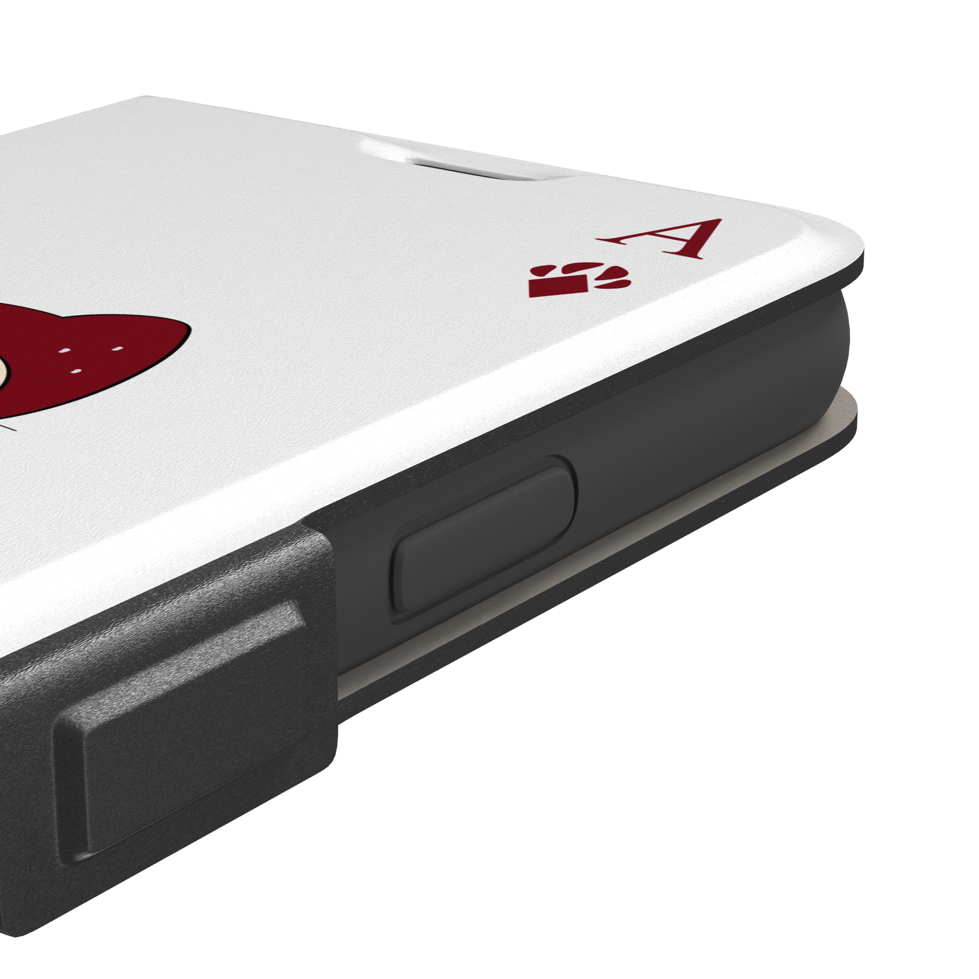 Ace of Diamonds phone case in white with a kawaii cream cat wearing a crimson hood and green bow tie, Ace and paw-print diamond suit symbols at each corner, white colorway variant from the Paw Decks collection — wallet case, volume buttons detail