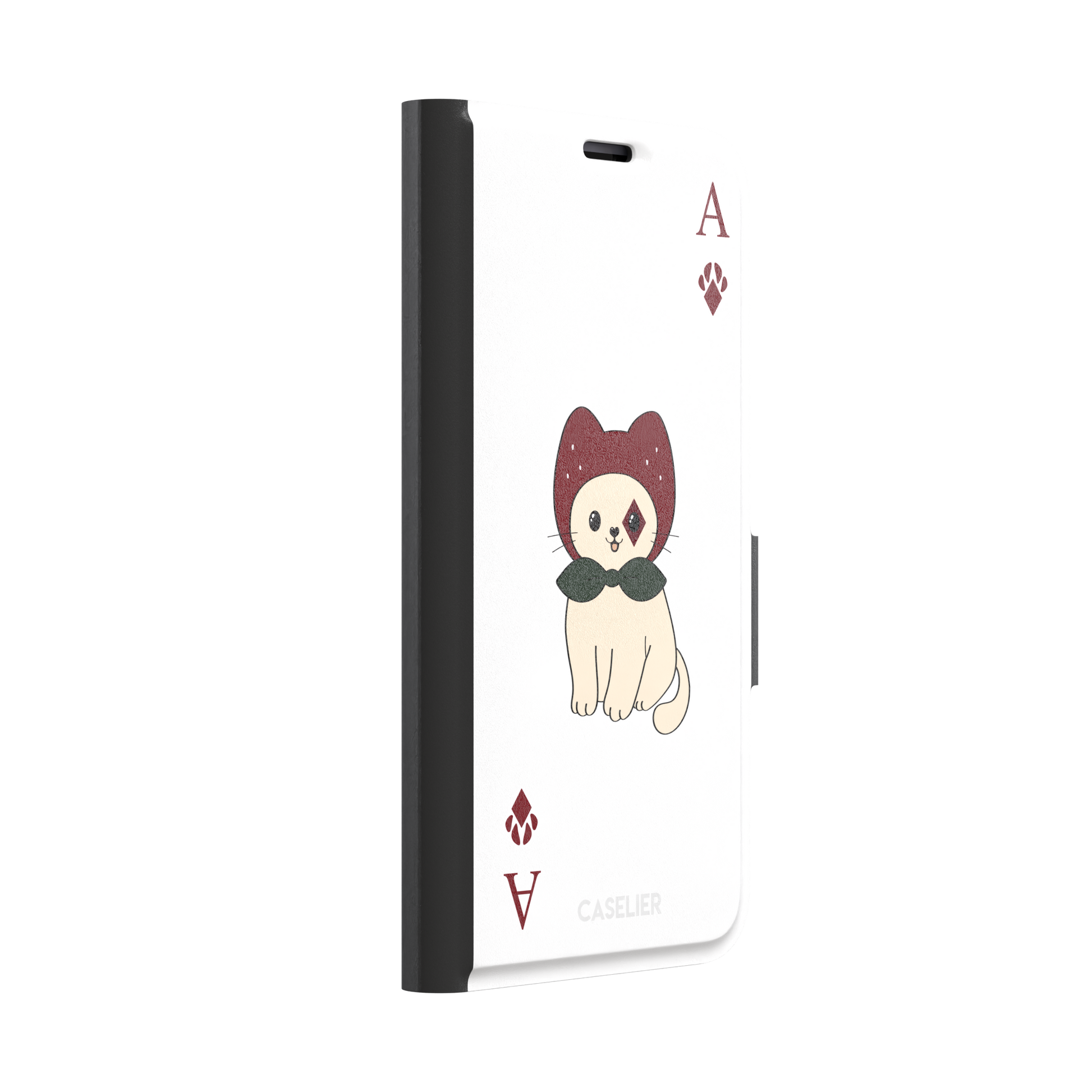 Ace of Diamonds phone case in white with a kawaii cream cat wearing a crimson hood and green bow tie, Ace and paw-print diamond suit symbols at each corner, white colorway variant from the Paw Decks collection — wallet case, left view
