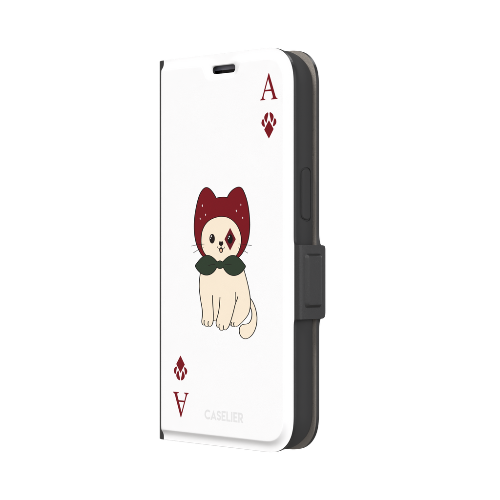 Ace of Diamonds phone case in white with a kawaii cream cat wearing a crimson hood and green bow tie, Ace and paw-print diamond suit symbols at each corner, white colorway variant from the Paw Decks collection — wallet case, right view