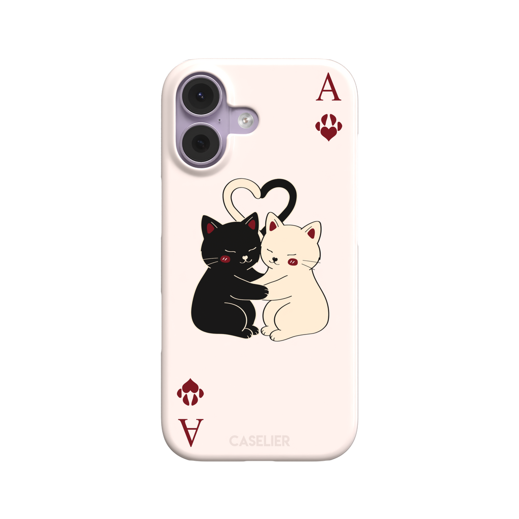 Ace of Hearts phone case in blush pink with a hugging black and white cat duo and crimson paw-print suit symbols, phone case by Caselier — snap case, front view