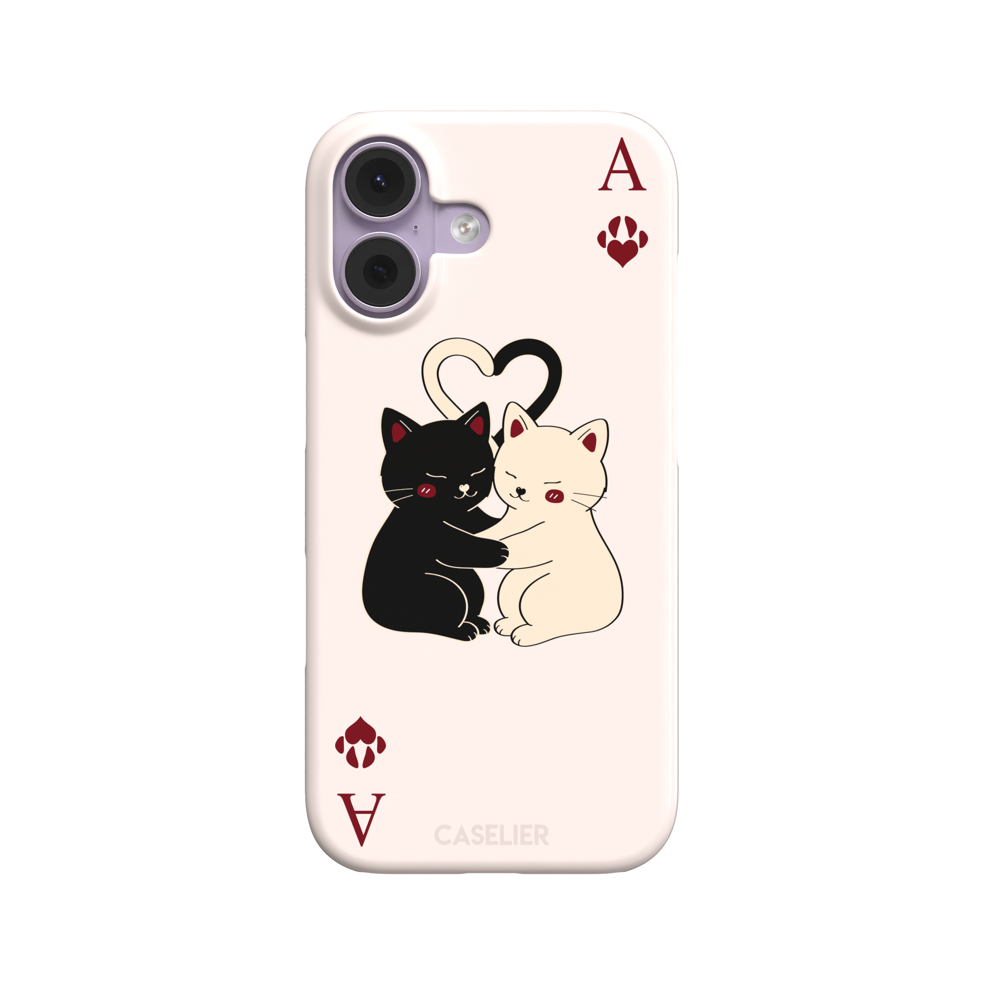 Ace of Hearts phone case in blush pink with a hugging black and white cat duo and crimson paw-print suit symbols, phone case by Caselier — snap case, front view