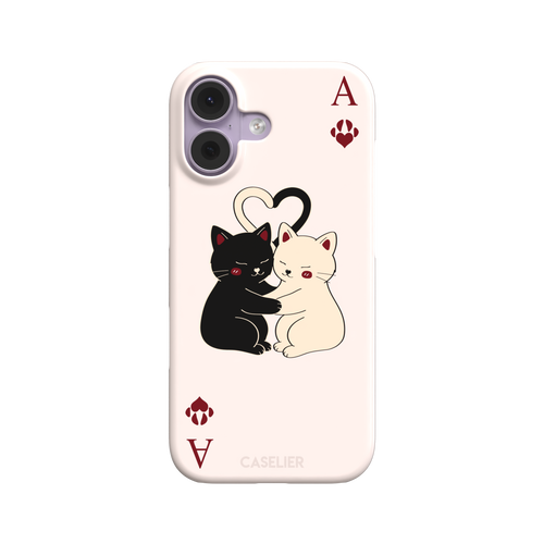 Ace of Hearts phone case in blush pink with a hugging black and white cat duo and crimson paw-print suit symbols, phone case by Caselier — snap case, front view
