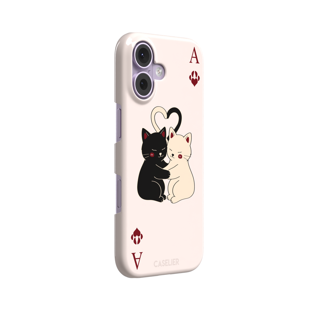 Ace of Hearts phone case in blush pink with a hugging black and white cat duo and crimson paw-print suit symbols, phone case by Caselier — snap case, left view