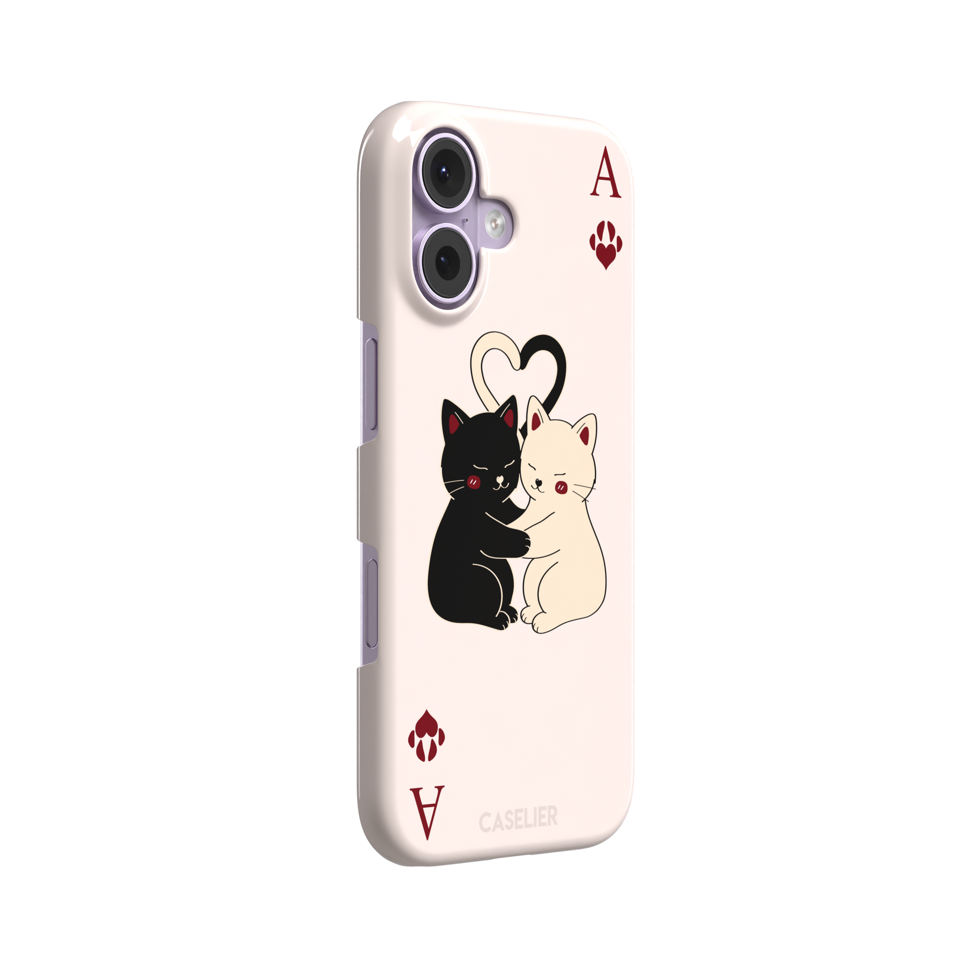 Ace of Hearts phone case in blush pink with a hugging black and white cat duo and crimson paw-print suit symbols, phone case by Caselier — snap case, left view