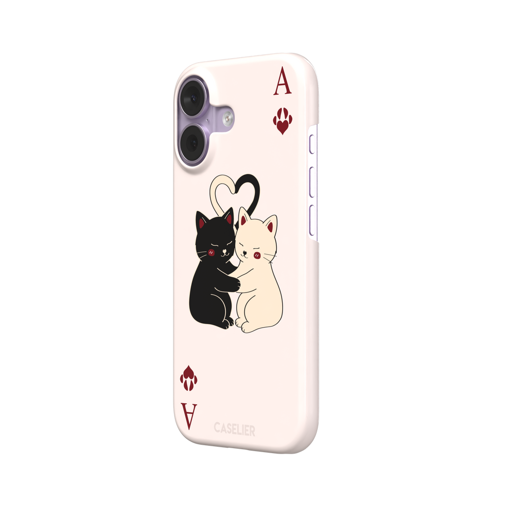 Ace of Hearts phone case in blush pink with a hugging black and white cat duo and crimson paw-print suit symbols, phone case by Caselier — snap case, right view