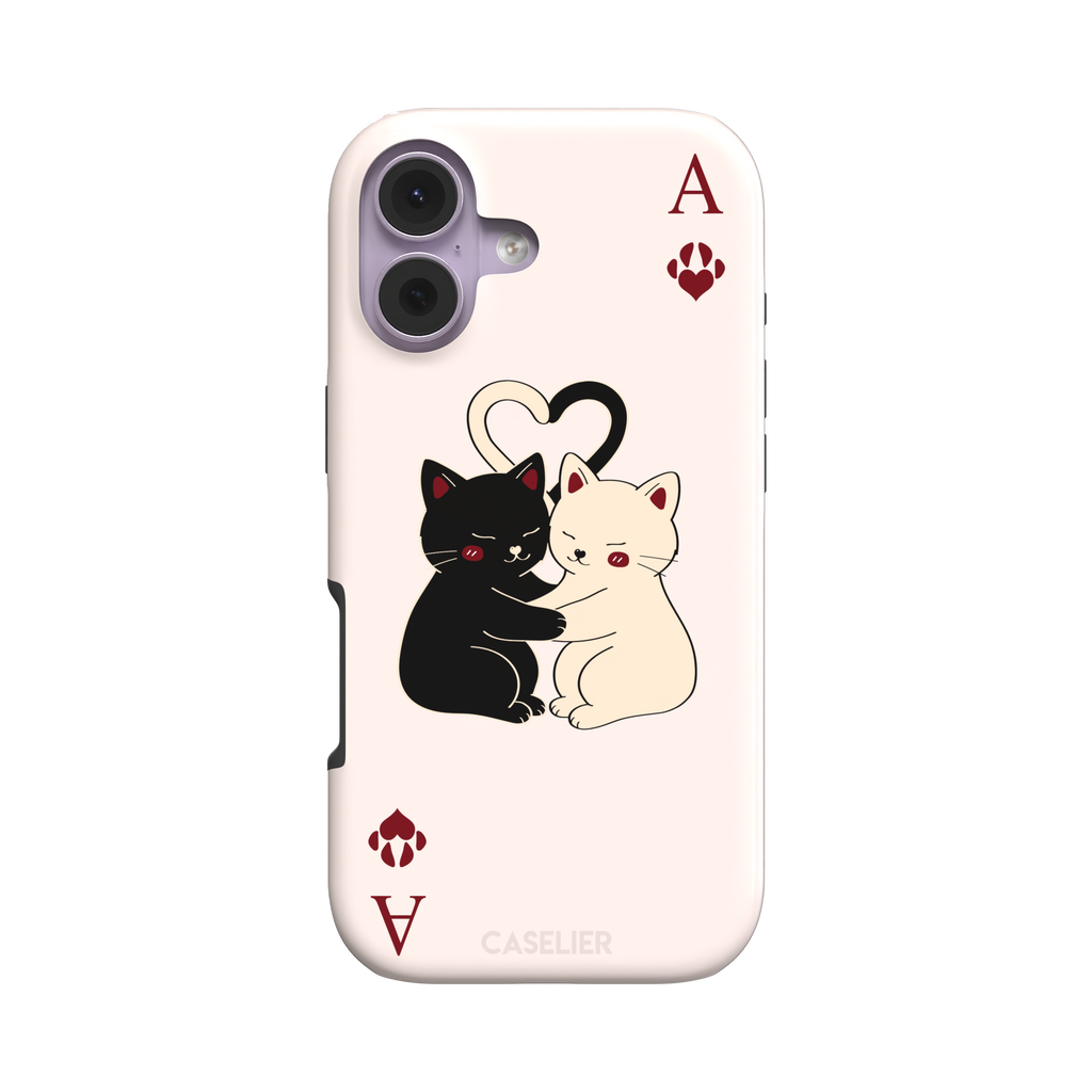 Ace of Hearts phone case in blush pink with a hugging black and white cat duo and crimson paw-print suit symbols, phone case by Caselier — tough case, front view