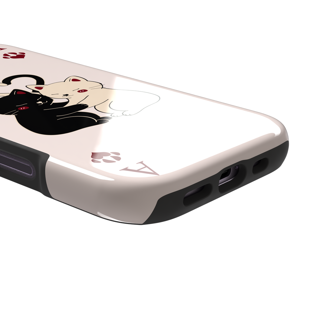 Ace of Hearts phone case in blush pink with a hugging black and white cat duo and crimson paw-print suit symbols, phone case by Caselier — tough case, charging port detail