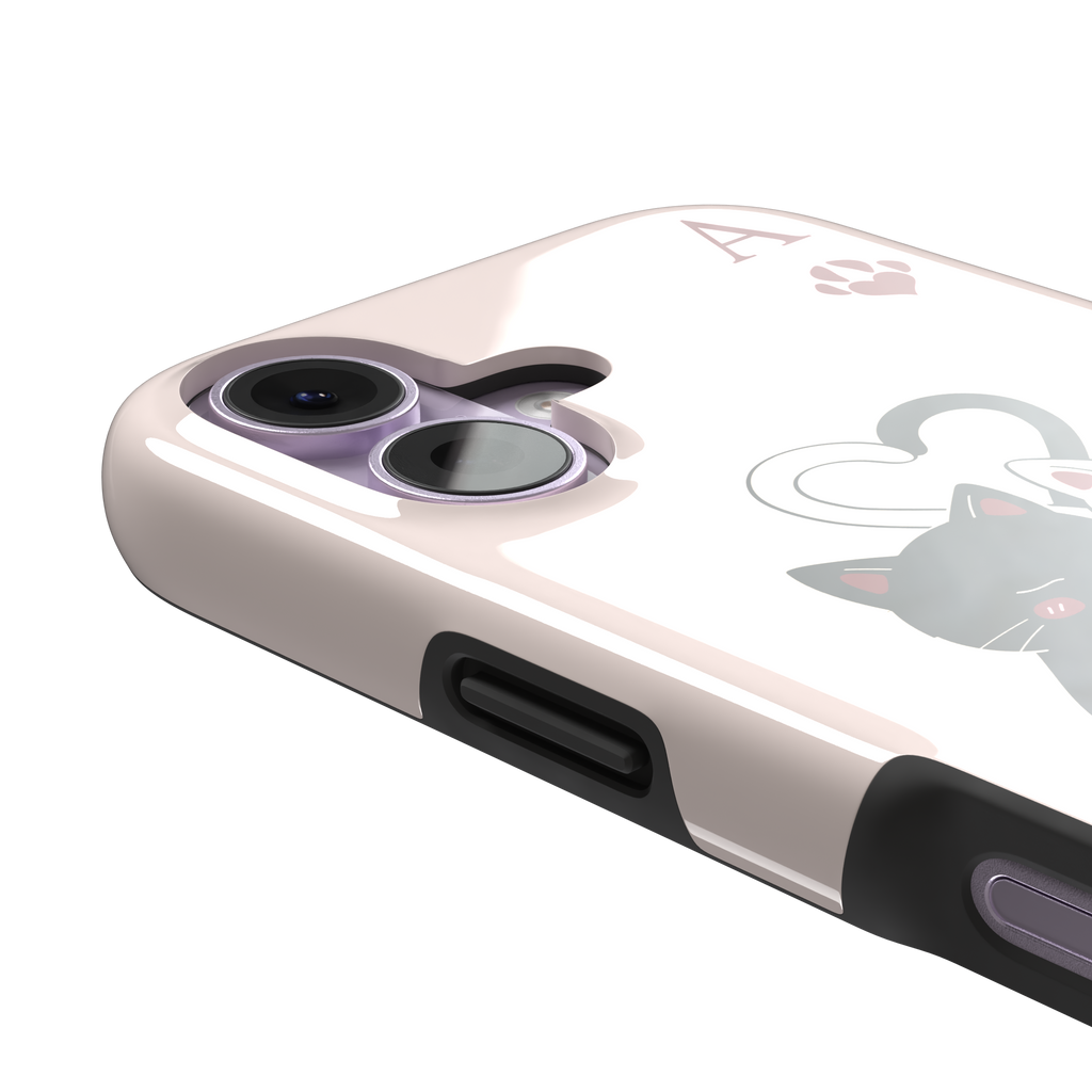 Ace of Hearts phone case in blush pink with a hugging black and white cat duo and crimson paw-print suit symbols, phone case by Caselier — tough case, volume buttons detail