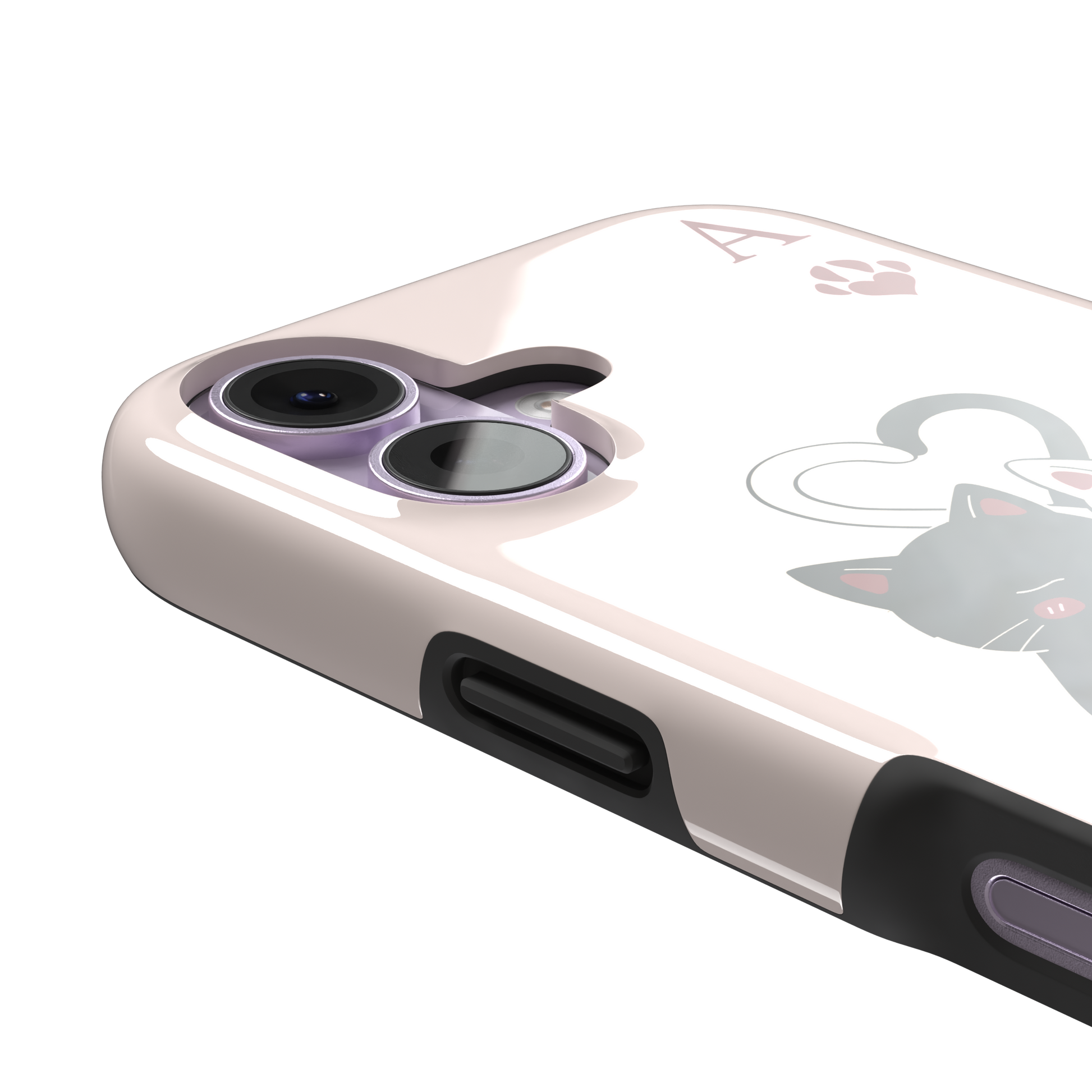 Ace of Hearts phone case in blush pink with a hugging black and white cat duo and crimson paw-print suit symbols, phone case by Caselier — tough case, volume buttons detail