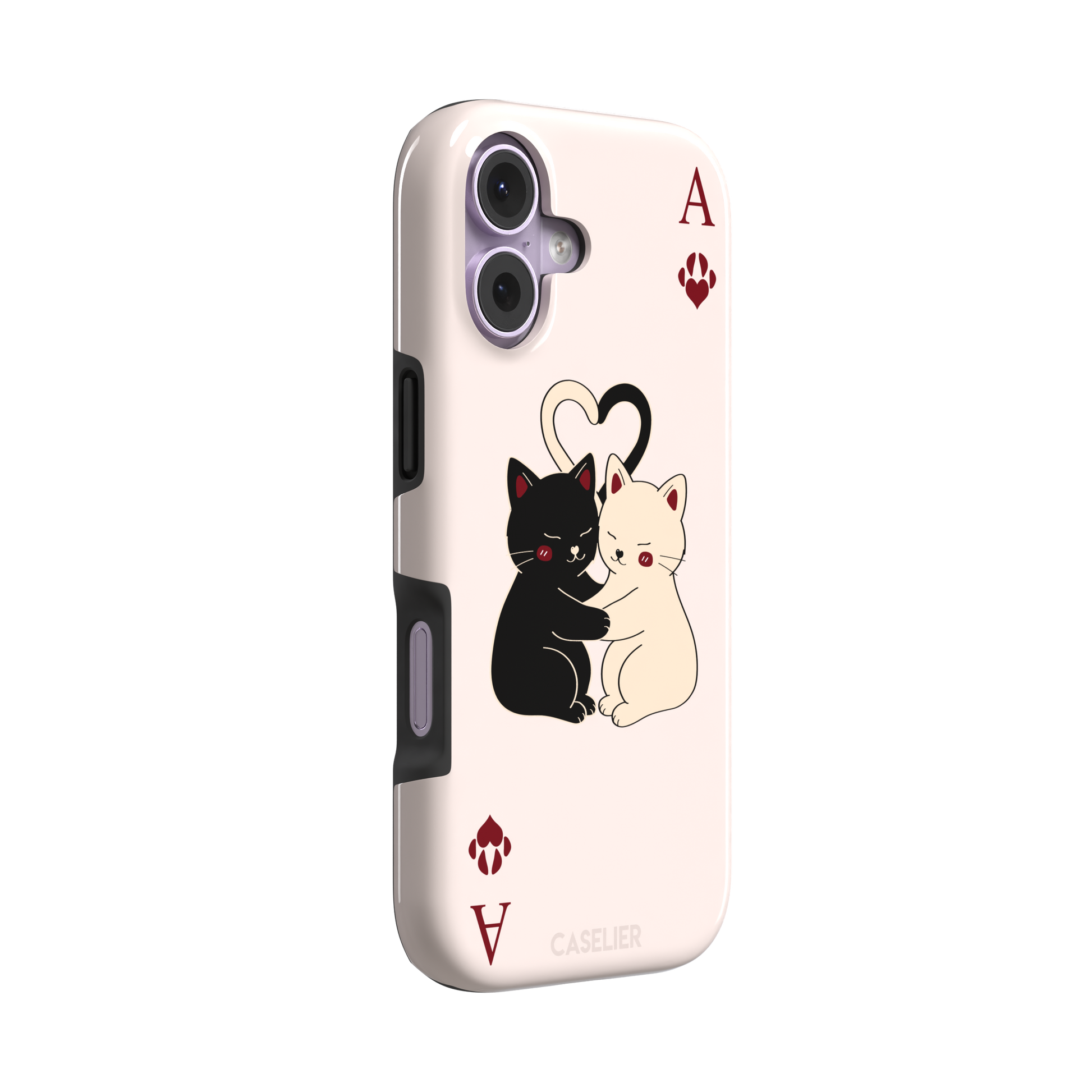 Ace of Hearts phone case in blush pink with a hugging black and white cat duo and crimson paw-print suit symbols, phone case by Caselier — tough case, left view