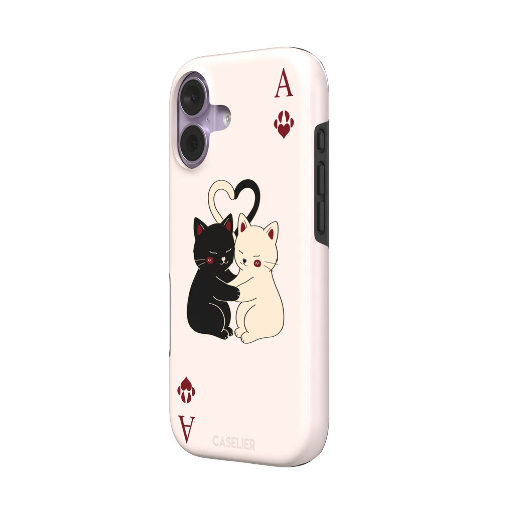 Ace of Hearts phone case in blush pink with a hugging black and white cat duo and crimson paw-print suit symbols, phone case by Caselier — tough case, right view