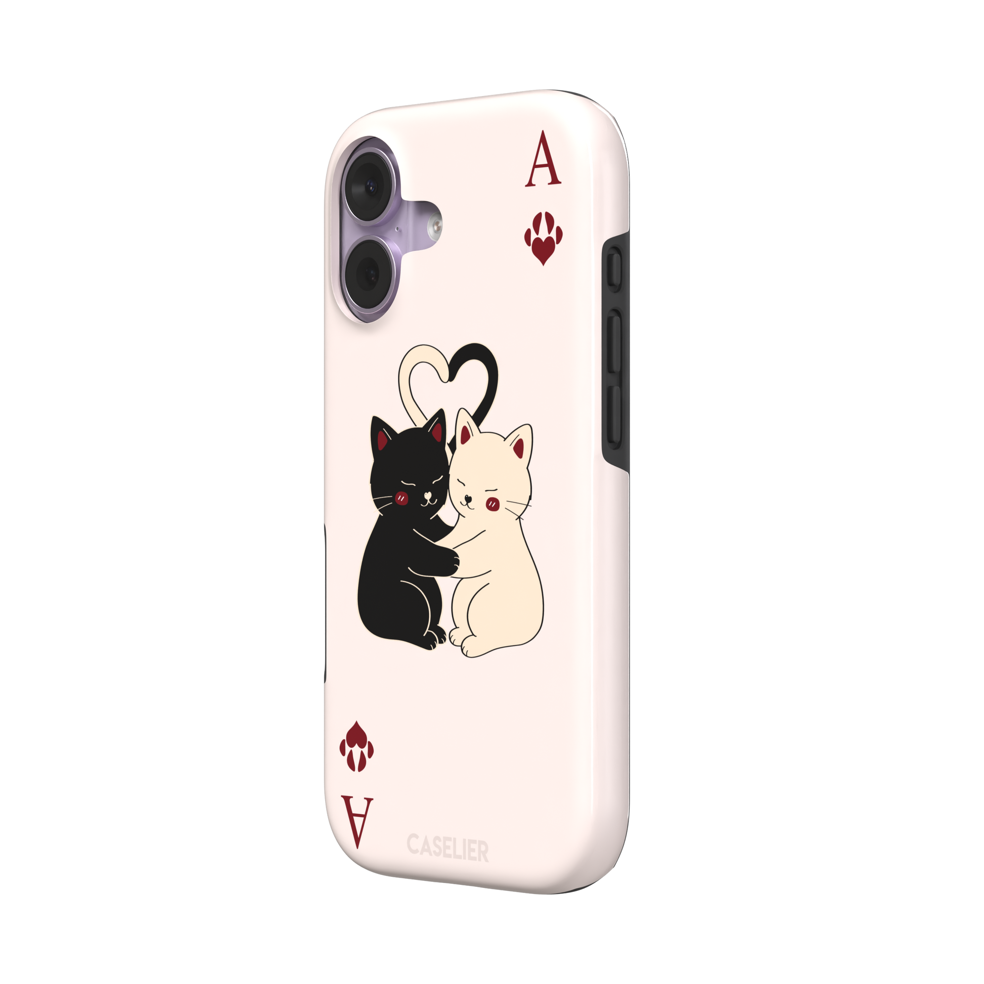 Ace of Hearts phone case in blush pink with a hugging black and white cat duo and crimson paw-print suit symbols, phone case by Caselier — tough case, right view