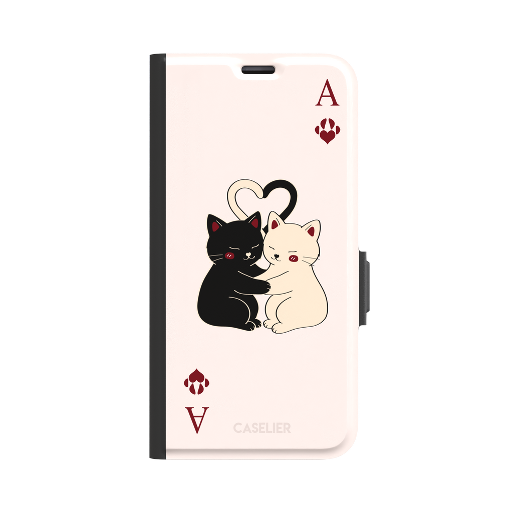 Ace of Hearts phone case in blush pink with a hugging black and white cat duo and crimson paw-print suit symbols, phone case by Caselier — wallet case, front view