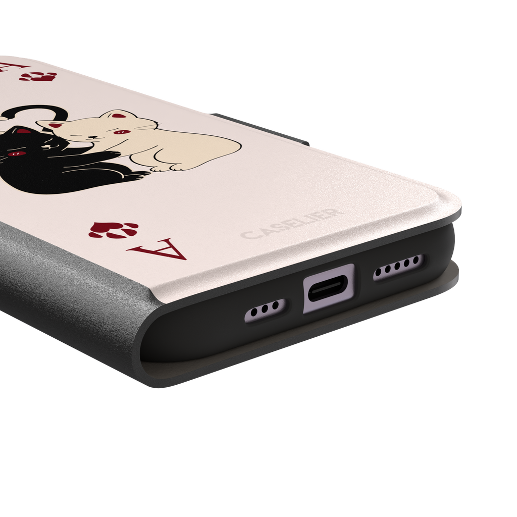 Ace of Hearts phone case in blush pink with a hugging black and white cat duo and crimson paw-print suit symbols, phone case by Caselier — wallet case, charging port detail