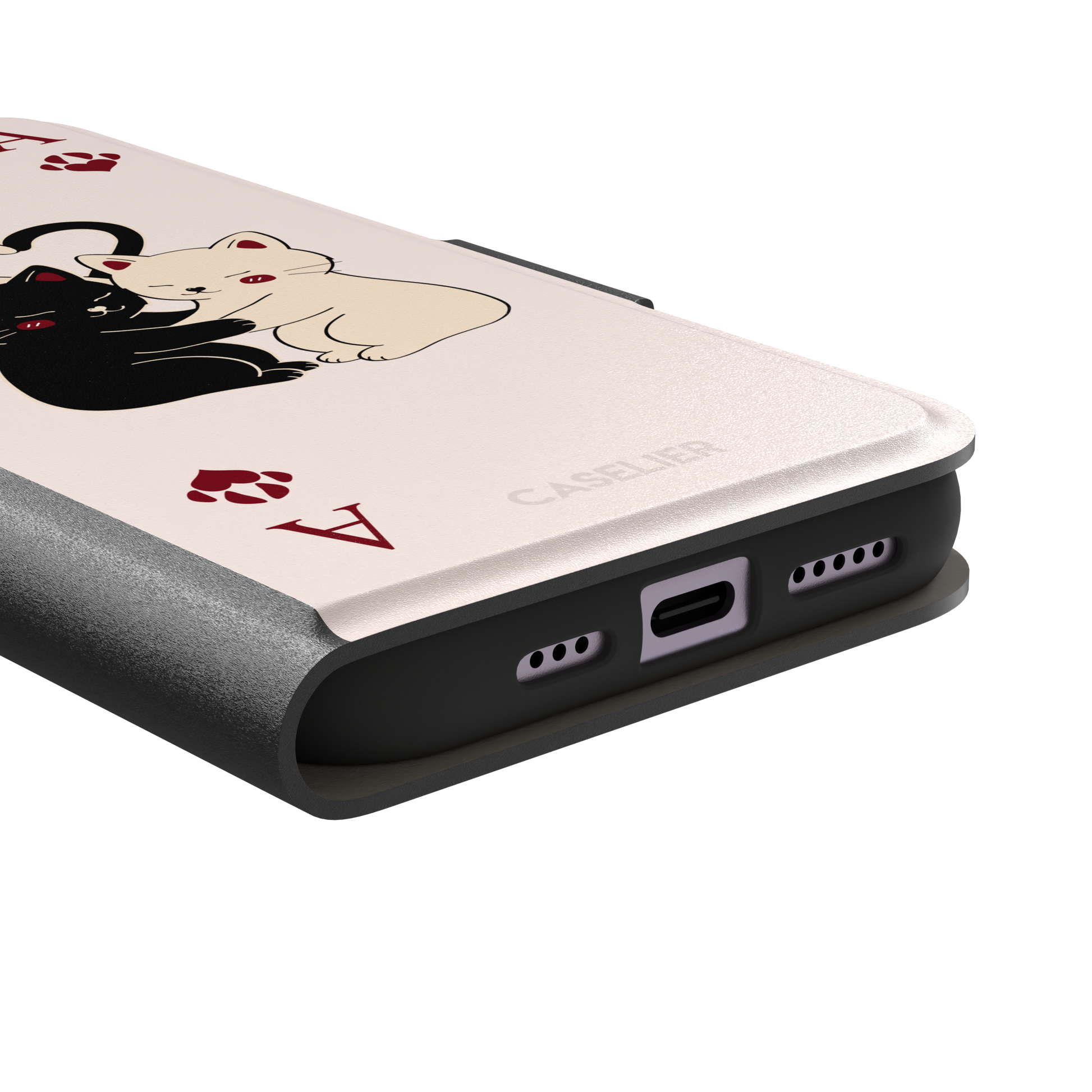 Ace of Hearts phone case in blush pink with a hugging black and white cat duo and crimson paw-print suit symbols, phone case by Caselier — wallet case, charging port detail