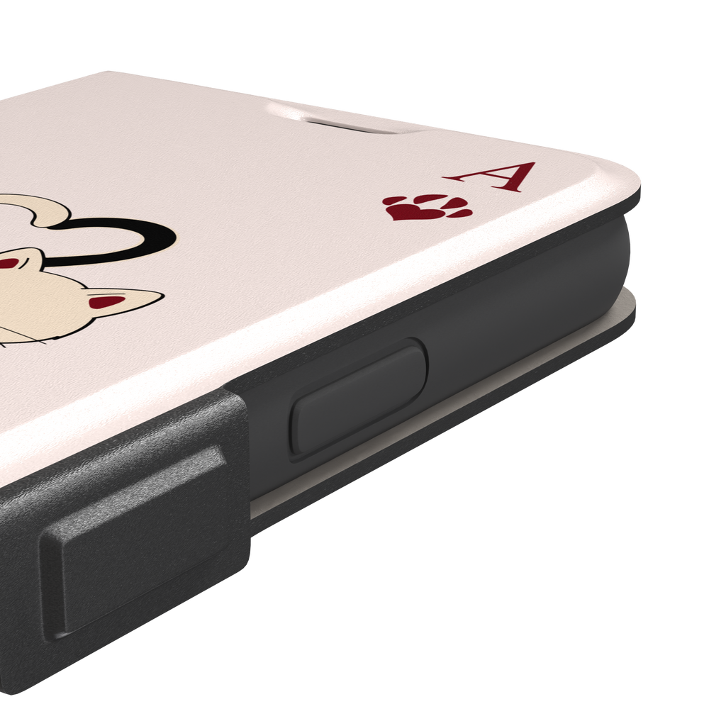 Ace of Hearts phone case in blush pink with a hugging black and white cat duo and crimson paw-print suit symbols, phone case by Caselier — wallet case, volume buttons detail
