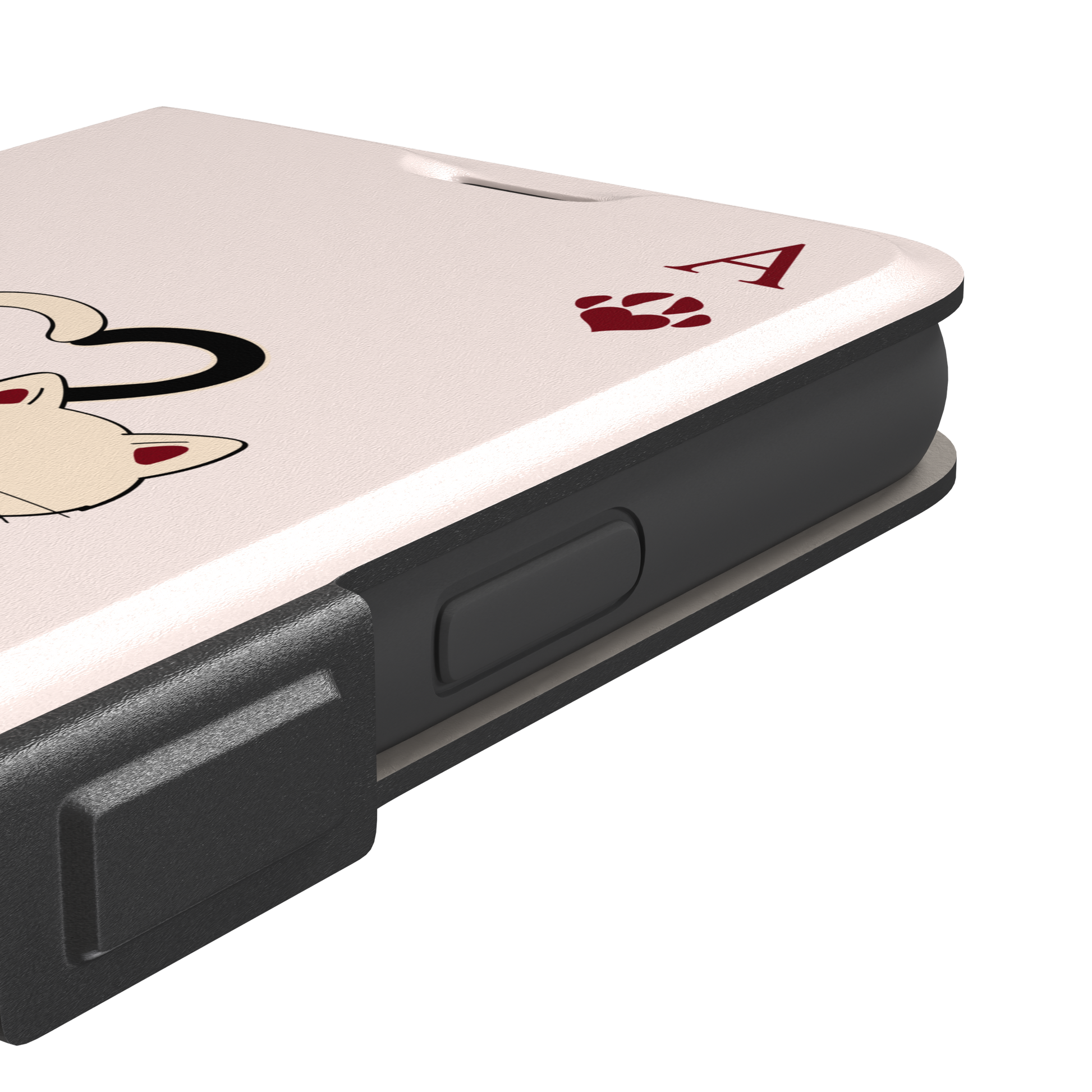 Ace of Hearts phone case in blush pink with a hugging black and white cat duo and crimson paw-print suit symbols, phone case by Caselier — wallet case, volume buttons detail