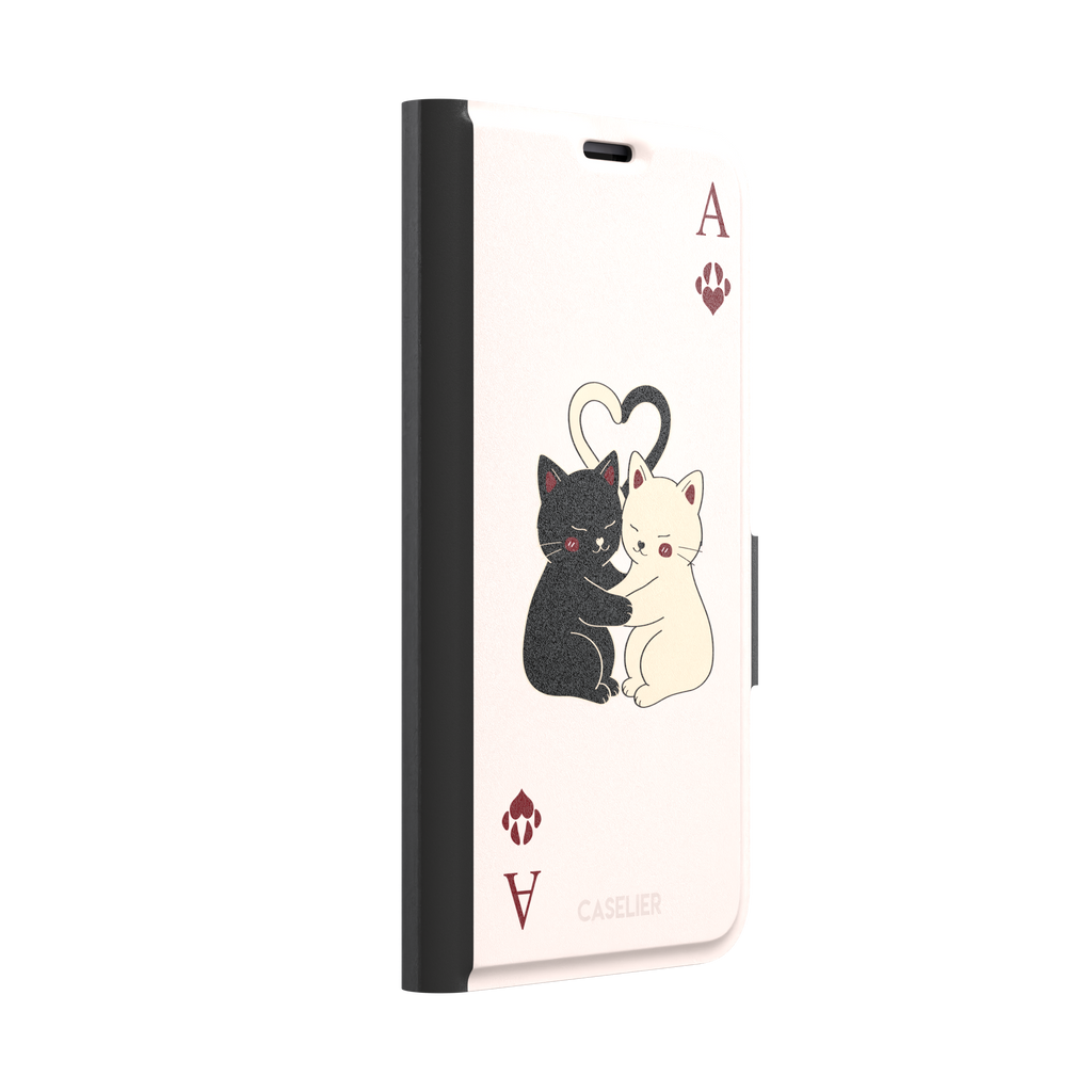 Ace of Hearts phone case in blush pink with a hugging black and white cat duo and crimson paw-print suit symbols, phone case by Caselier — wallet case, left view