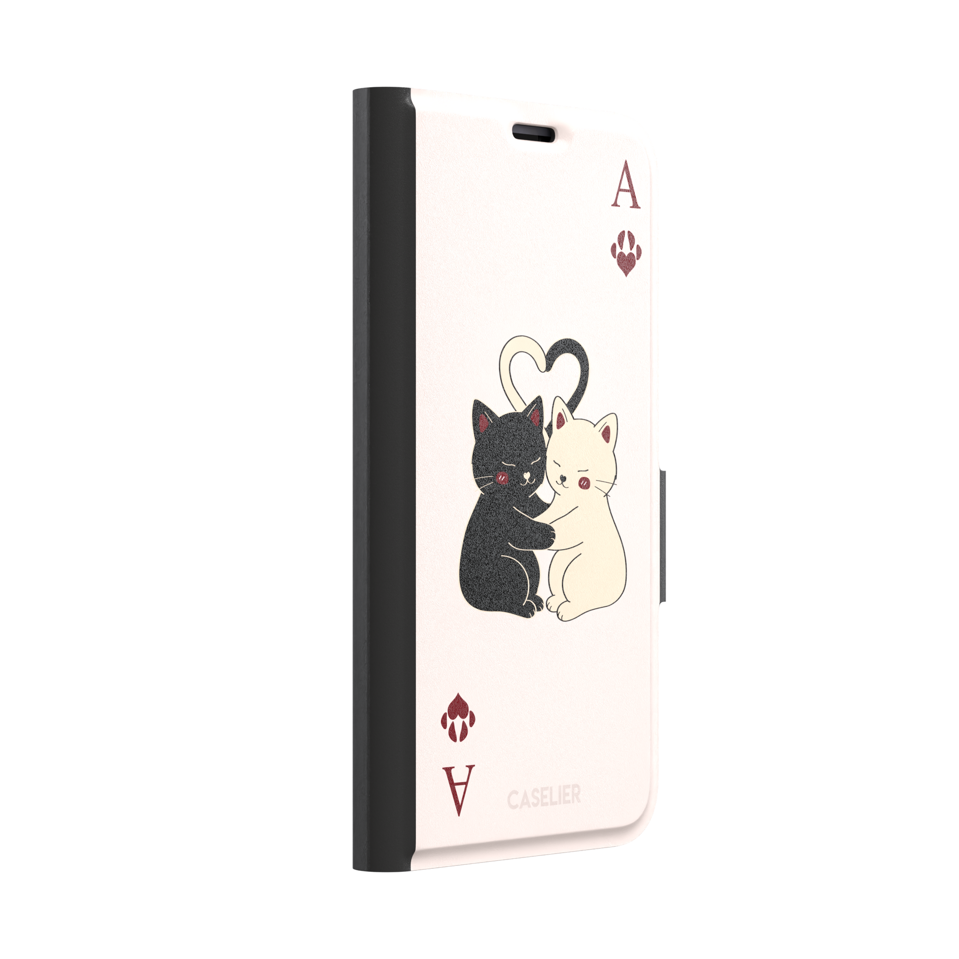 Ace of Hearts phone case in blush pink with a hugging black and white cat duo and crimson paw-print suit symbols, phone case by Caselier — wallet case, left view