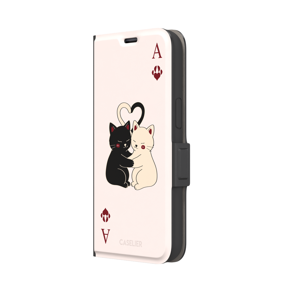 Ace of Hearts phone case in blush pink with a hugging black and white cat duo and crimson paw-print suit symbols, phone case by Caselier — wallet case, right view