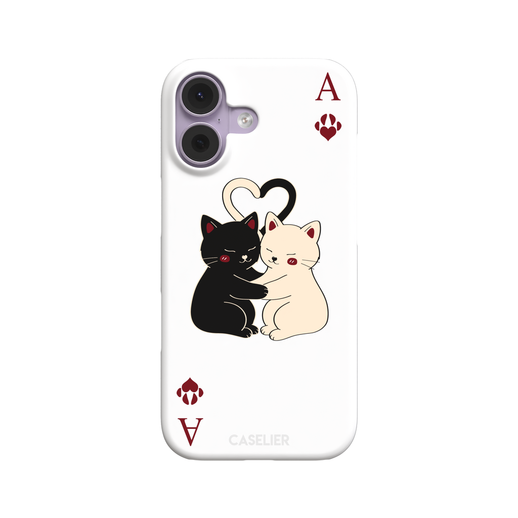 Ace of Hearts phone case in white with a hugging black and white cat duo and crimson paw-print suit symbols, phone case by Caselier — snap case, front view