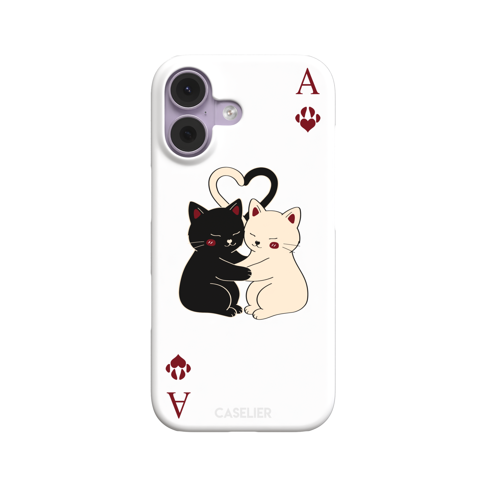 Ace of Hearts phone case in white with a hugging black and white cat duo and crimson paw-print suit symbols, phone case by Caselier — snap case, front view