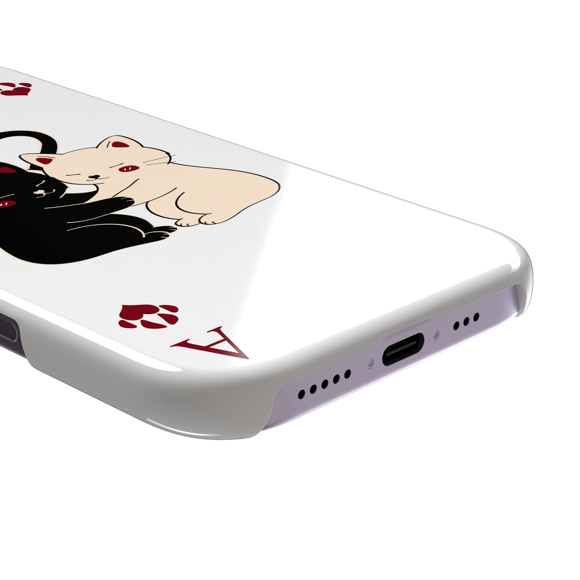 Ace of Hearts phone case in white with a hugging black and white cat duo and crimson paw-print suit symbols, phone case by Caselier — snap case, charging port detail