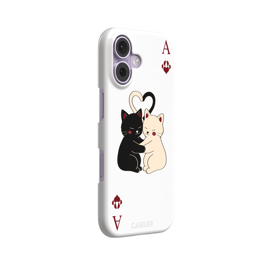 Ace of Hearts phone case in white with a hugging black and white cat duo and crimson paw-print suit symbols, phone case by Caselier — snap case, left view