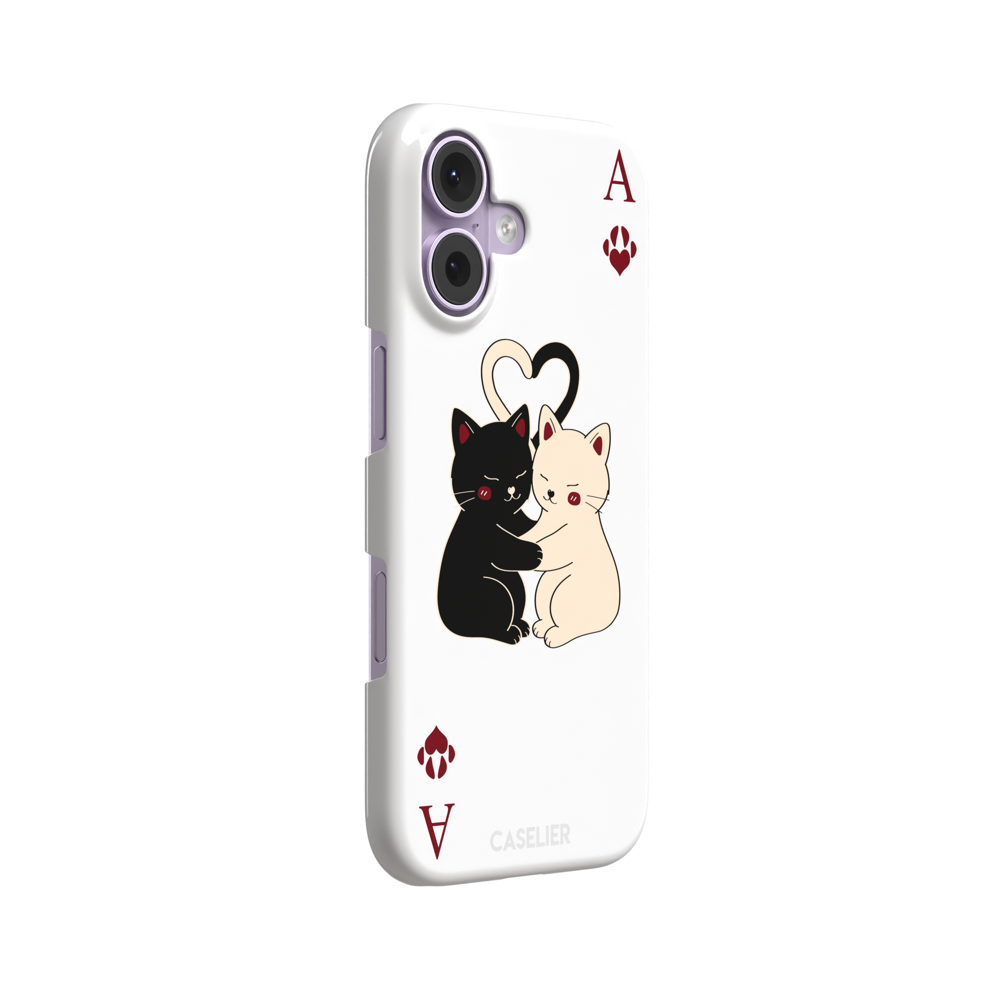 Ace of Hearts phone case in white with a hugging black and white cat duo and crimson paw-print suit symbols, phone case by Caselier — snap case, left view