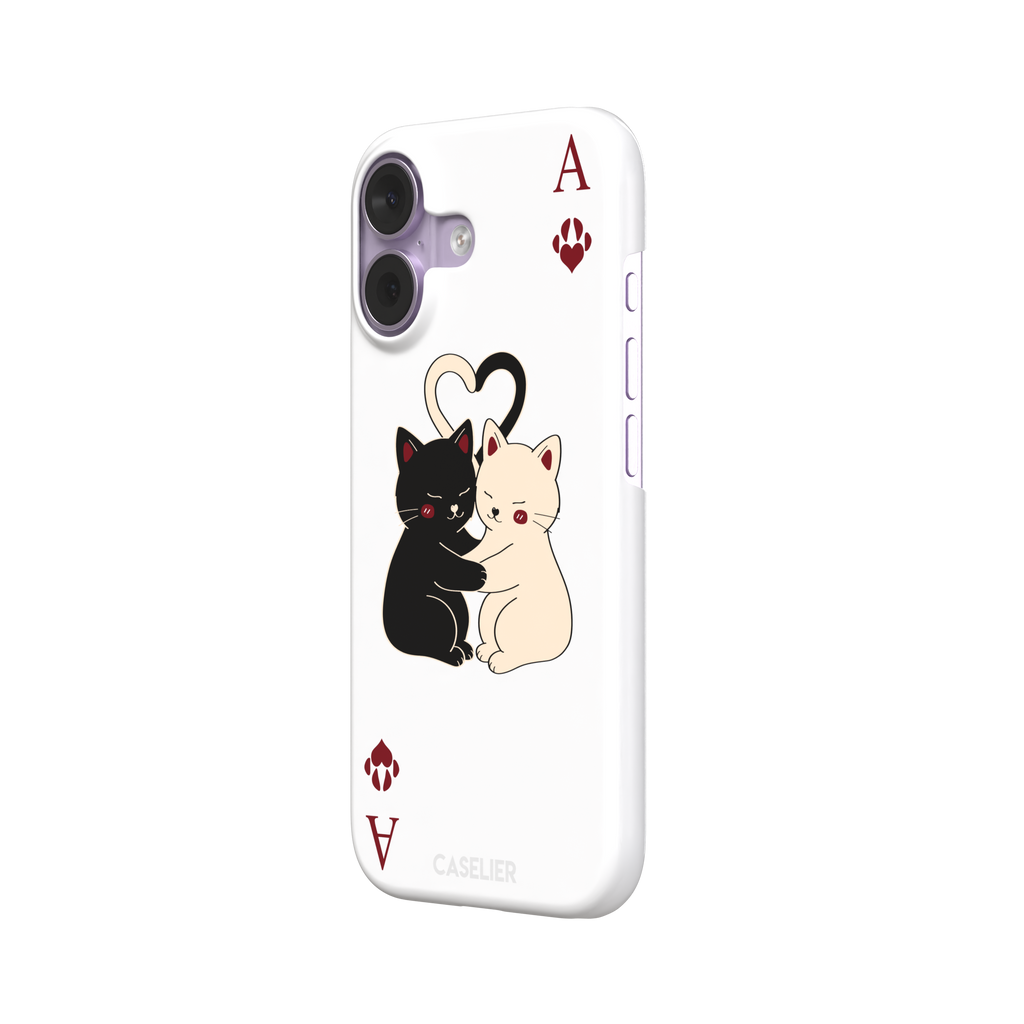 Ace of Hearts phone case in white with a hugging black and white cat duo and crimson paw-print suit symbols, phone case by Caselier — snap case, right view