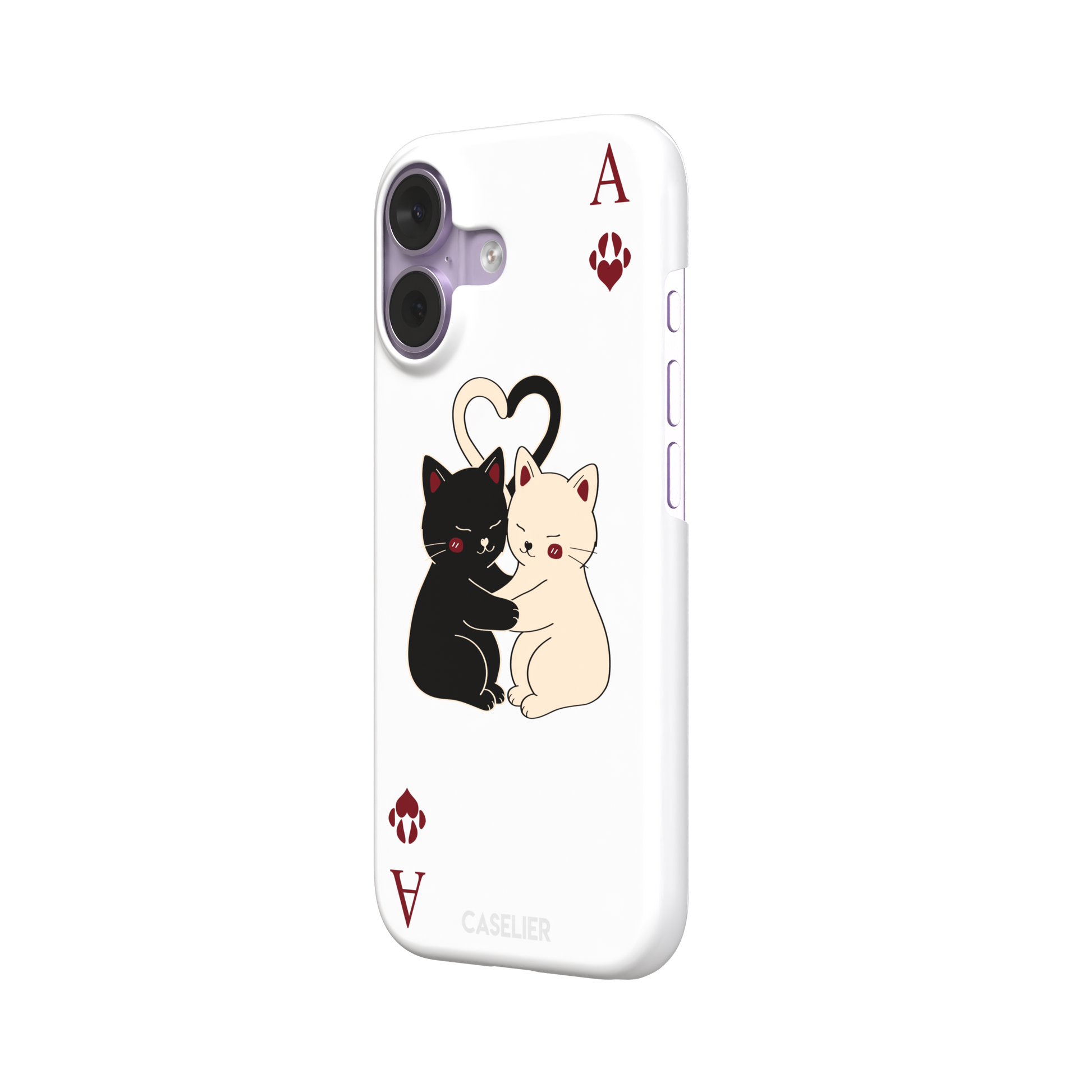 Ace of Hearts phone case in white with a hugging black and white cat duo and crimson paw-print suit symbols, phone case by Caselier — snap case, right view