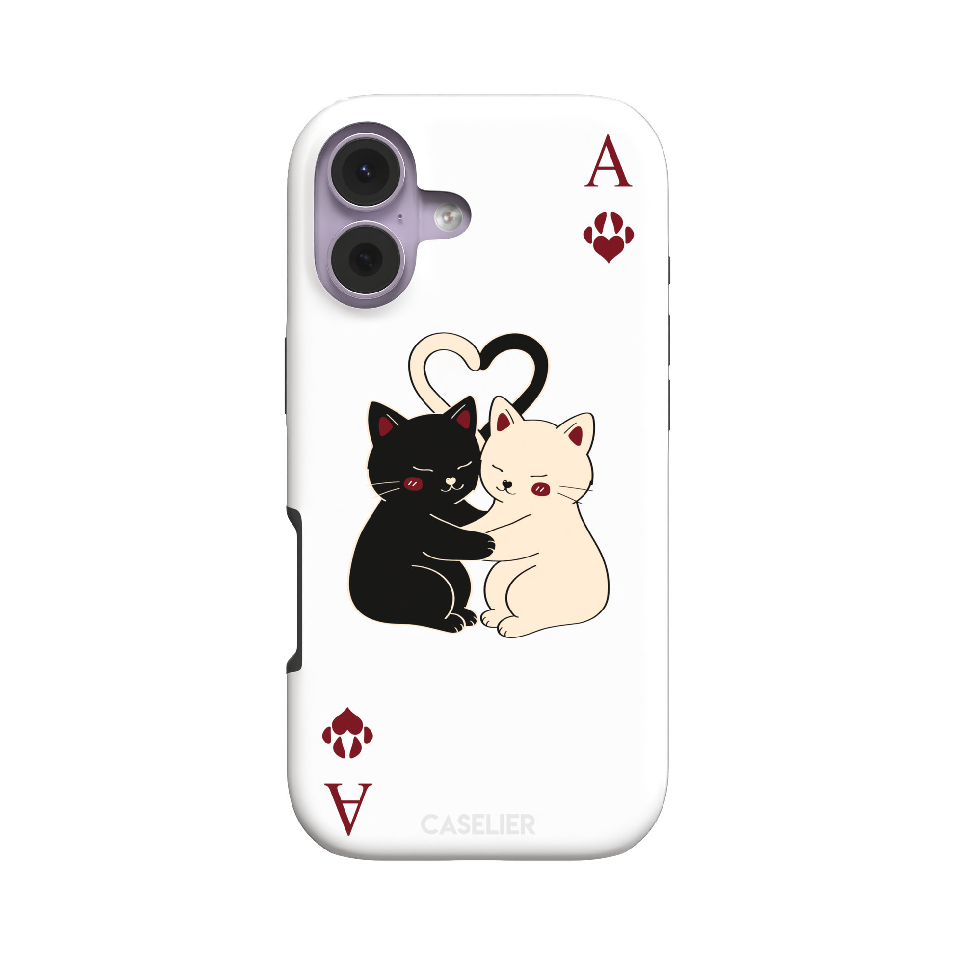Ace of Hearts phone case in white with a hugging black and white cat duo and crimson paw-print suit symbols, phone case by Caselier — tough case, front view