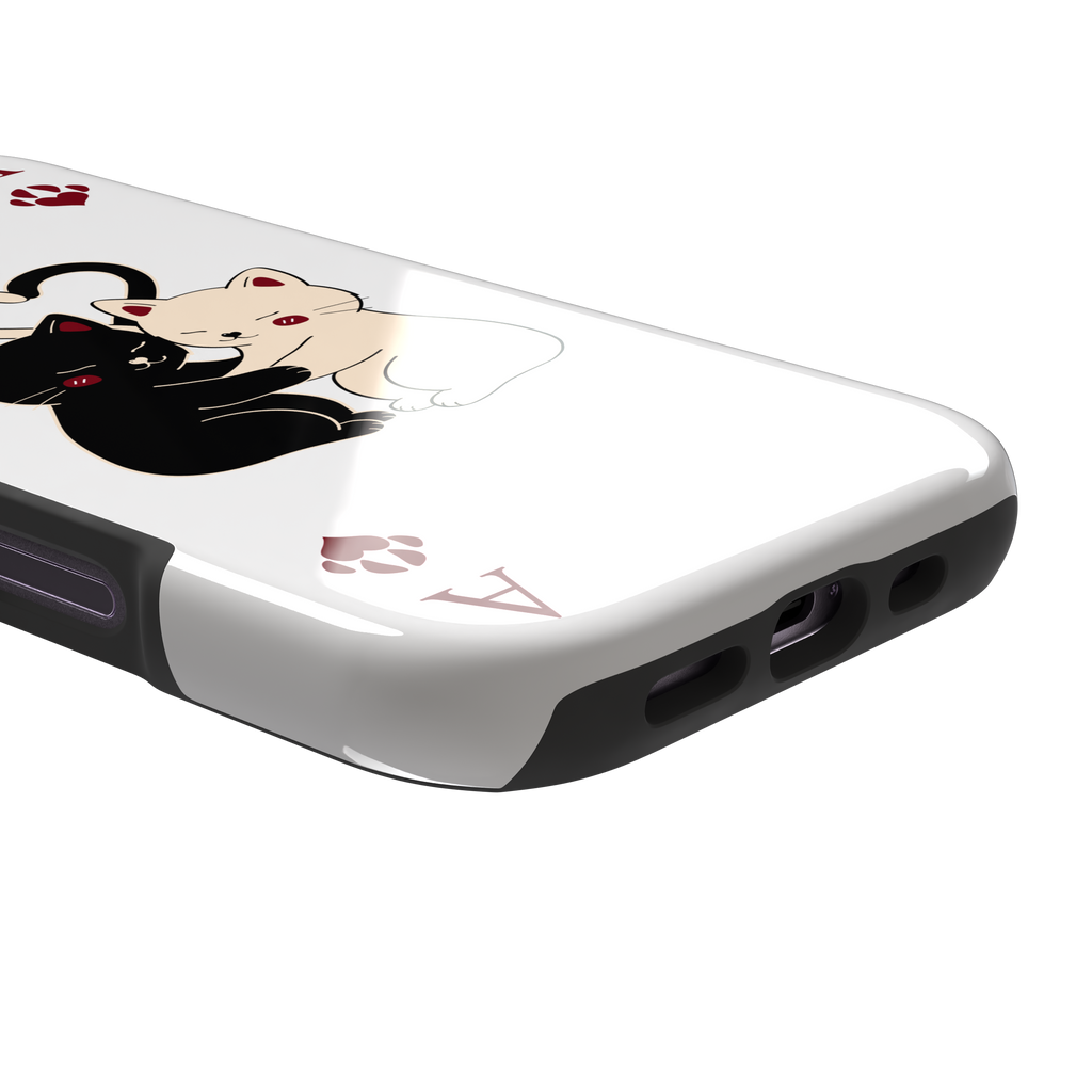 Ace of Hearts phone case in white with a hugging black and white cat duo and crimson paw-print suit symbols, phone case by Caselier — tough case, charging port detail