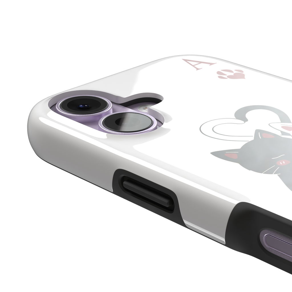 Ace of Hearts phone case in white with a hugging black and white cat duo and crimson paw-print suit symbols, phone case by Caselier — tough case, volume buttons detail