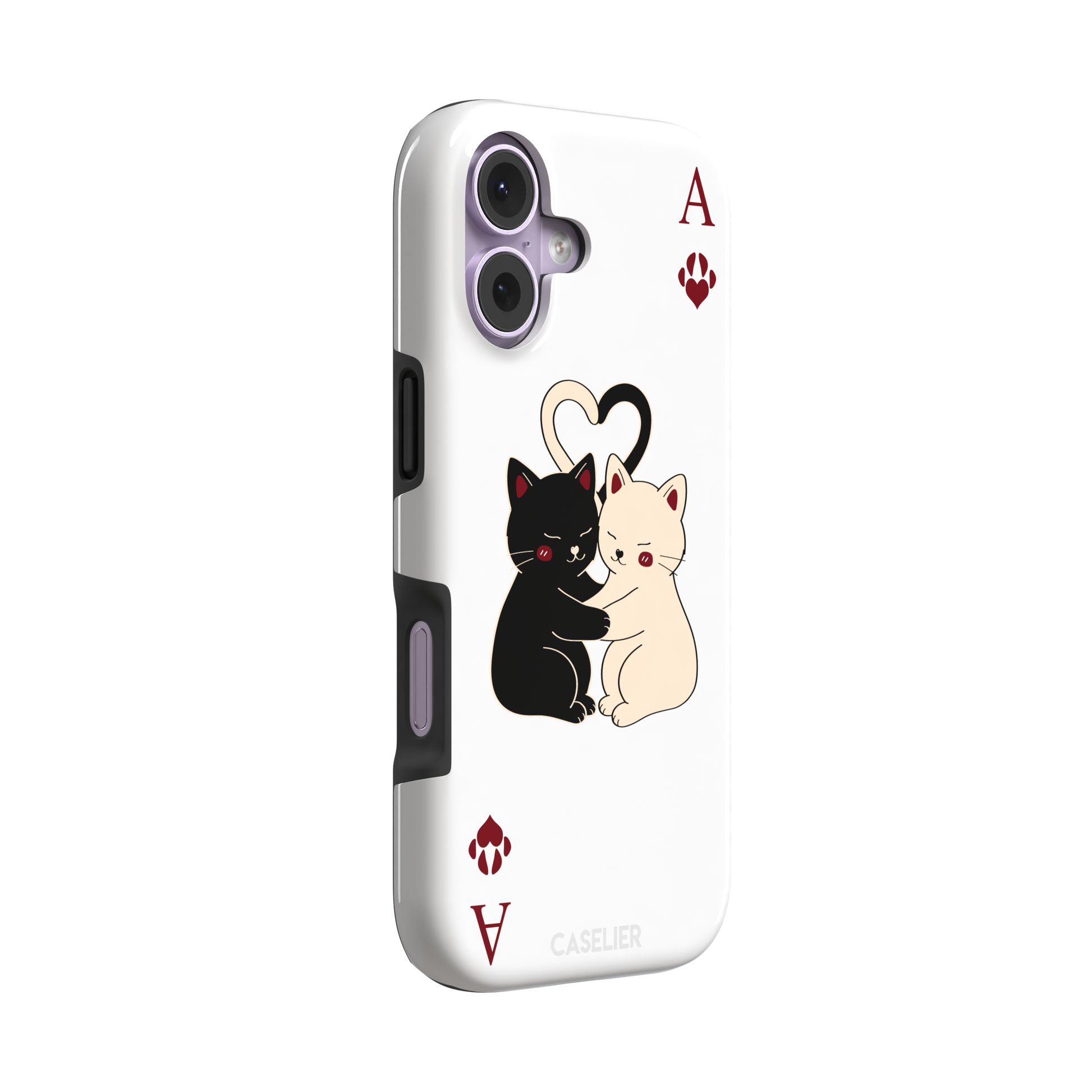 Ace of Hearts phone case in white with a hugging black and white cat duo and crimson paw-print suit symbols, phone case by Caselier — tough case, left view