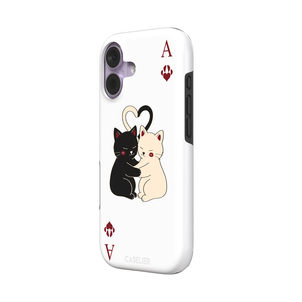 Ace of Hearts phone case in white with a hugging black and white cat duo and crimson paw-print suit symbols, phone case by Caselier — tough case, right view