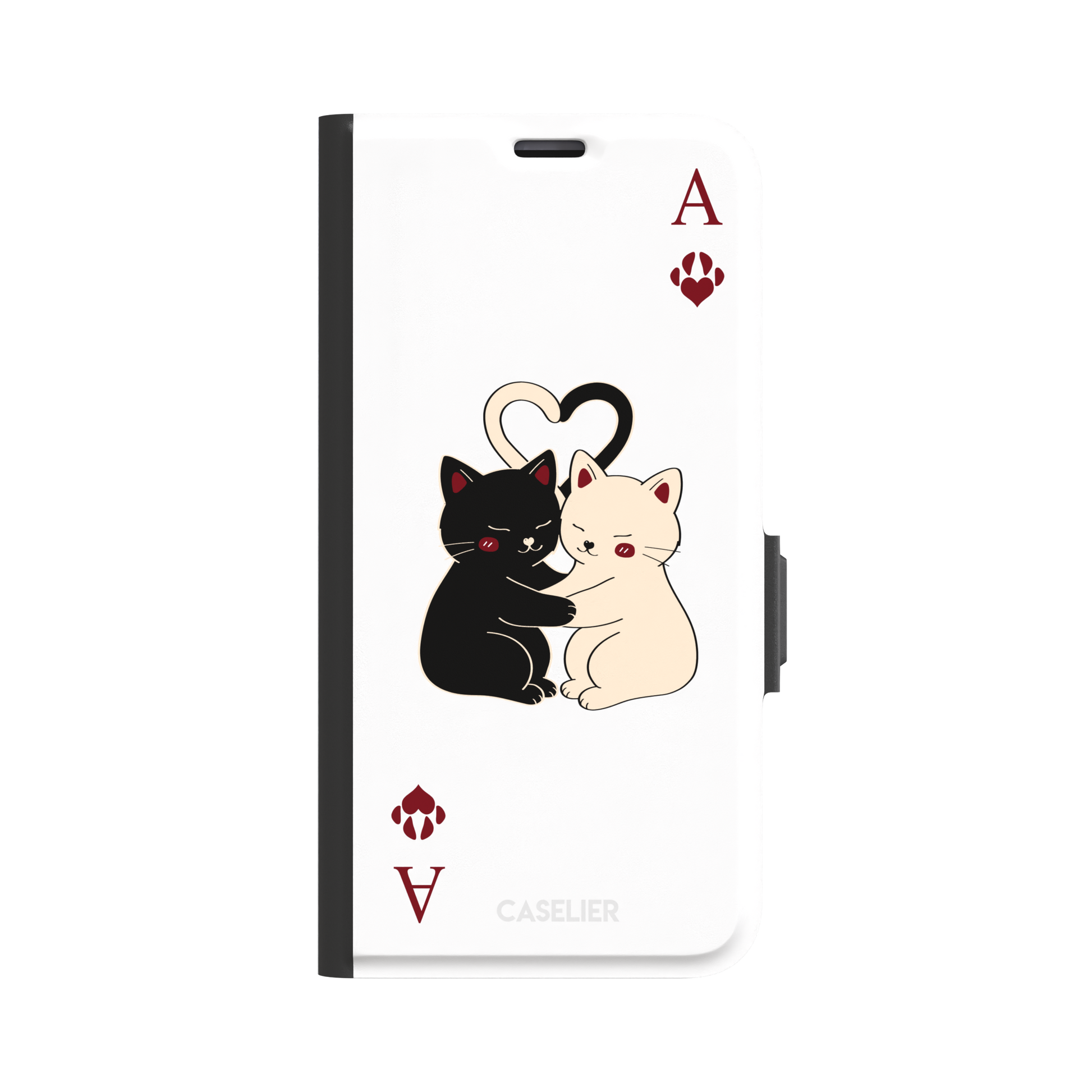Ace of Hearts phone case in white with a hugging black and white cat duo and crimson paw-print suit symbols, phone case by Caselier — wallet case, front view