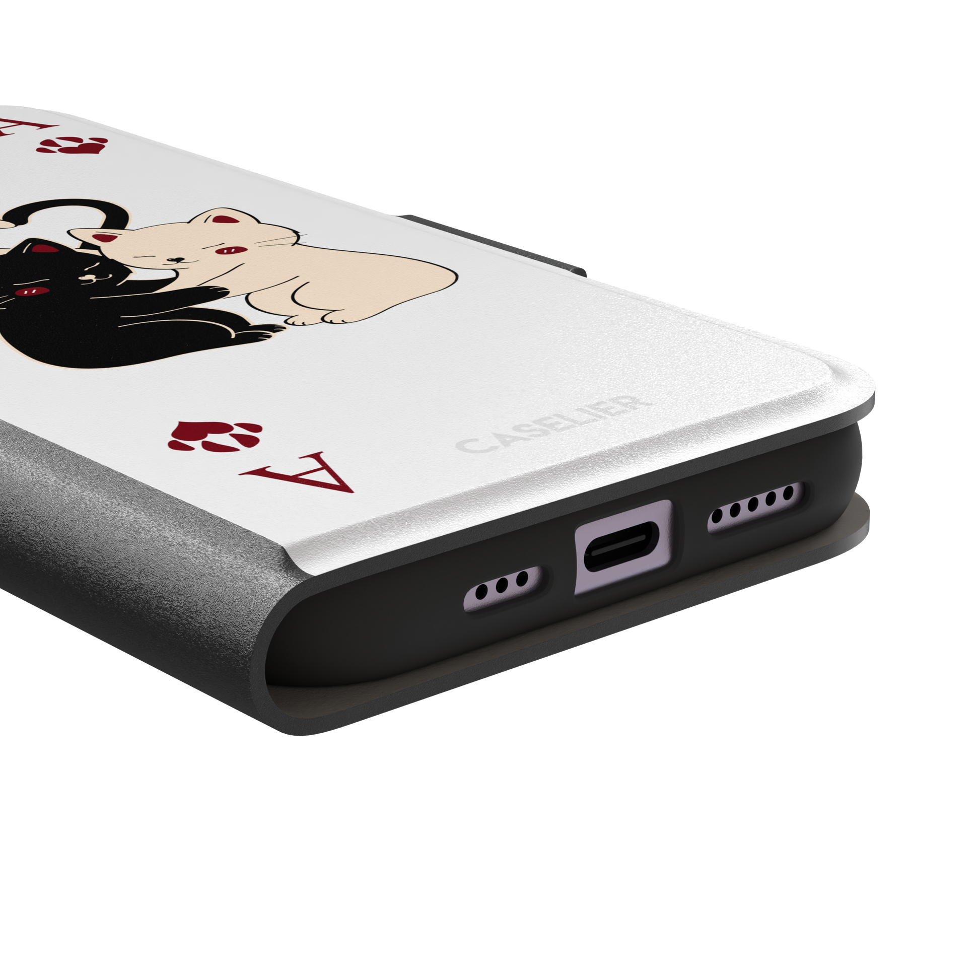 Ace of Hearts phone case in white with a hugging black and white cat duo and crimson paw-print suit symbols, phone case by Caselier — wallet case, charging port detail