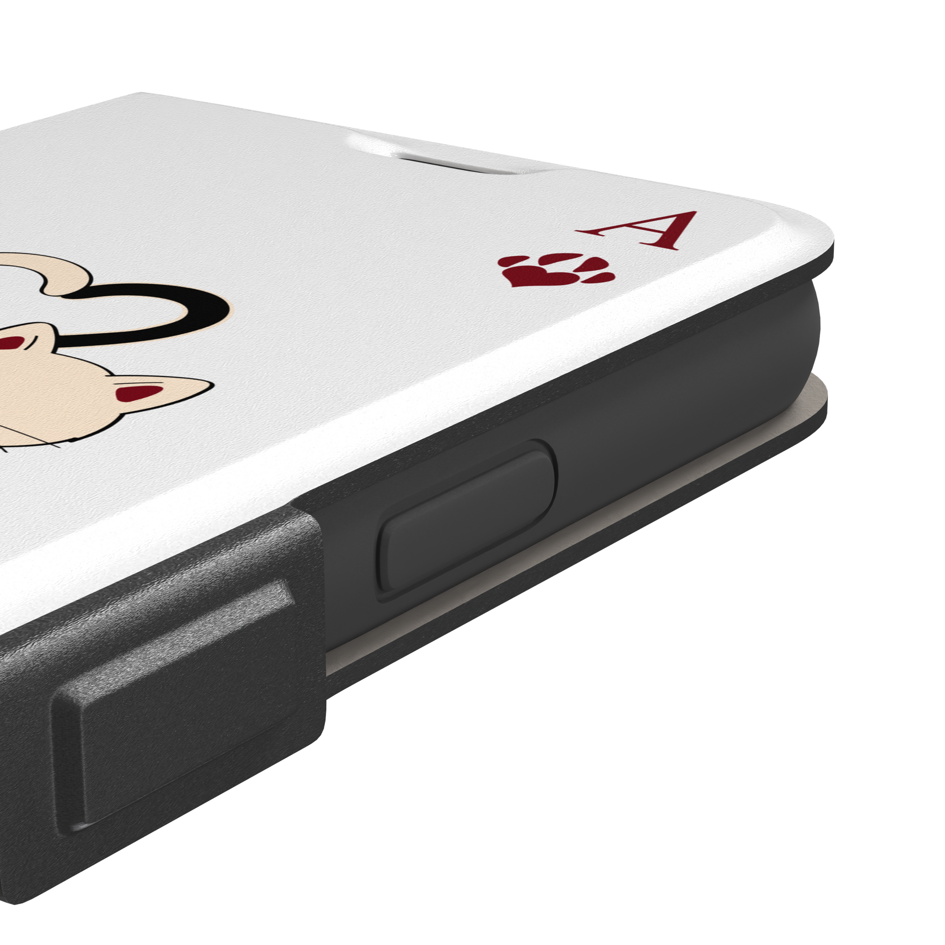 Ace of Hearts phone case in white with a hugging black and white cat duo and crimson paw-print suit symbols, phone case by Caselier — wallet case, volume buttons detail