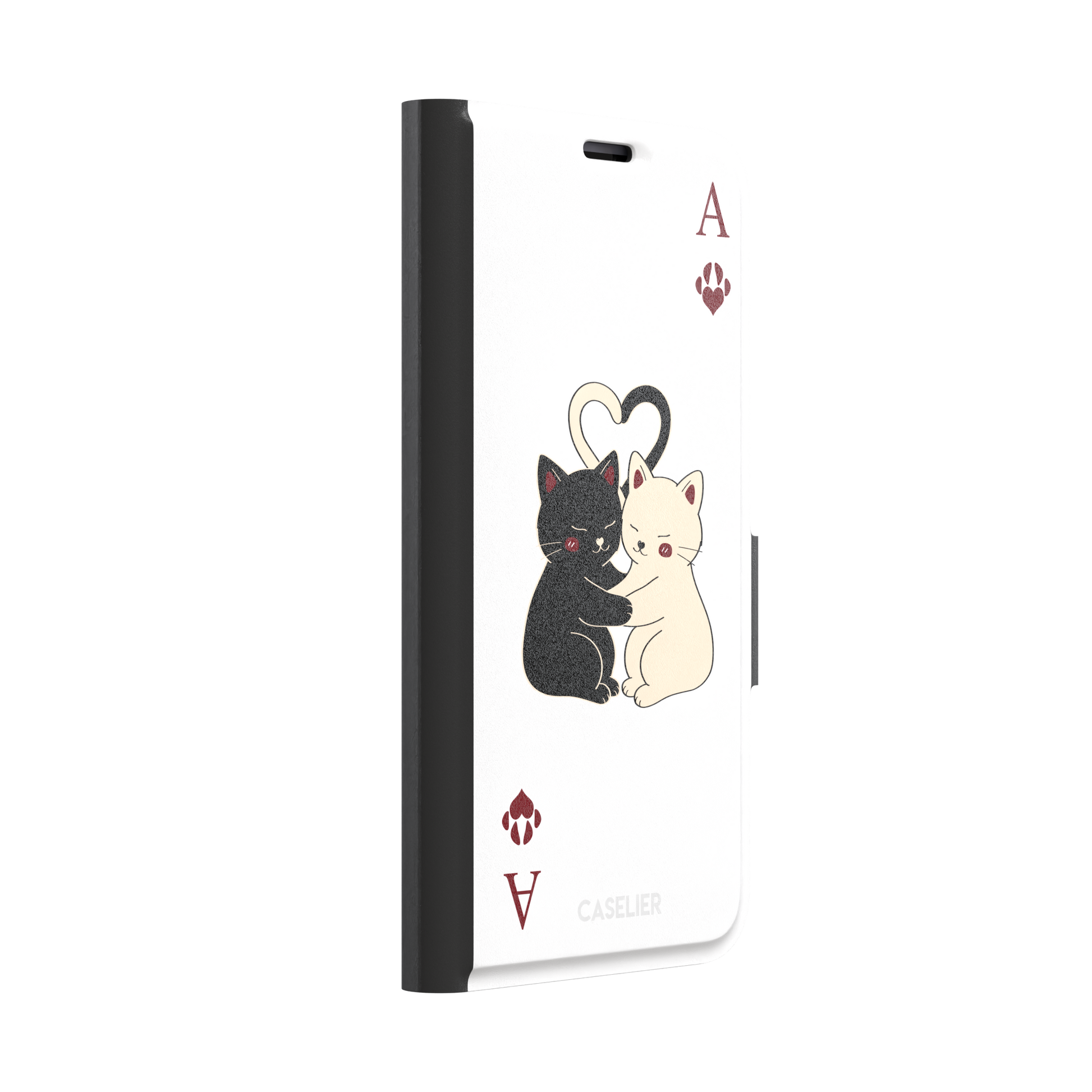 Ace of Hearts phone case in white with a hugging black and white cat duo and crimson paw-print suit symbols, phone case by Caselier — wallet case, left view