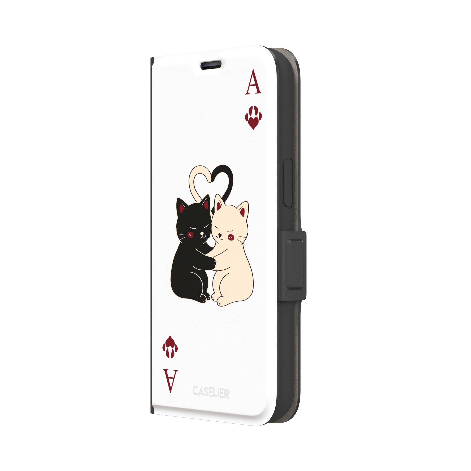 Ace of Hearts phone case in white with a hugging black and white cat duo and crimson paw-print suit symbols, phone case by Caselier — wallet case, right view