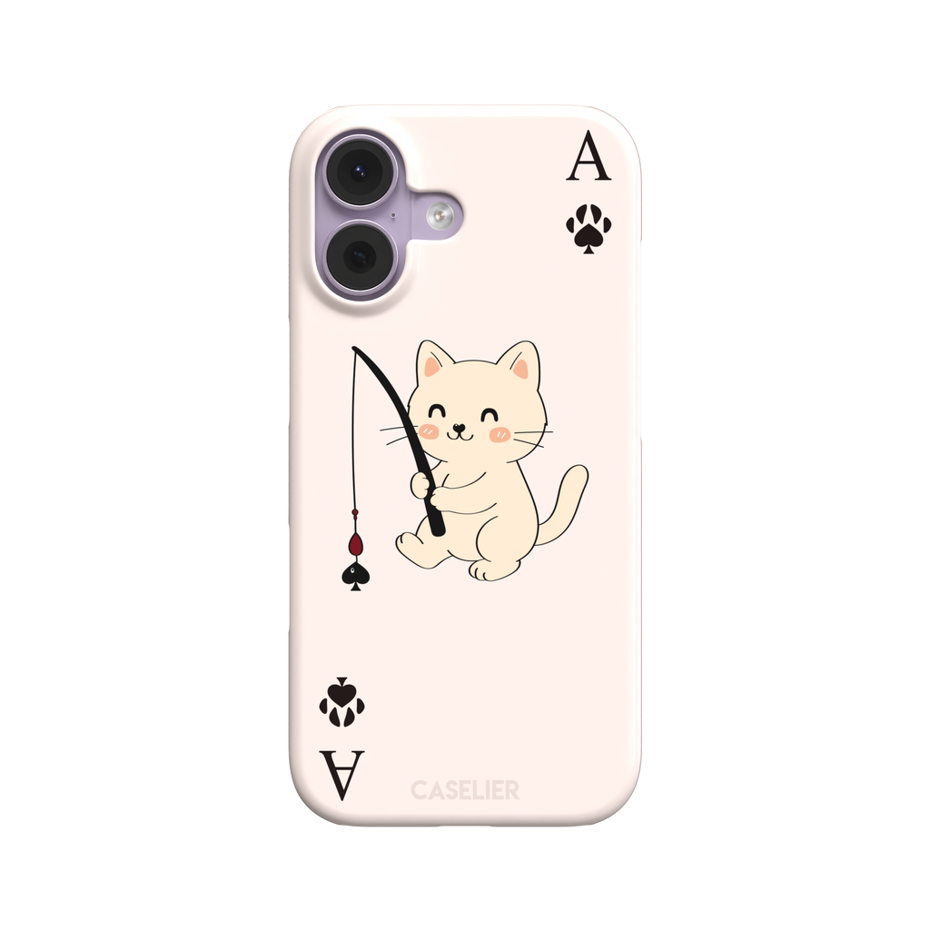 Ace of Spades phone case in blush pink from the Paw Decks collection, featuring a kawaii cream cat holding a fishing rod with a spade-shaped lure and paw print corner markers, phone case by Caselier — snap case, front view
