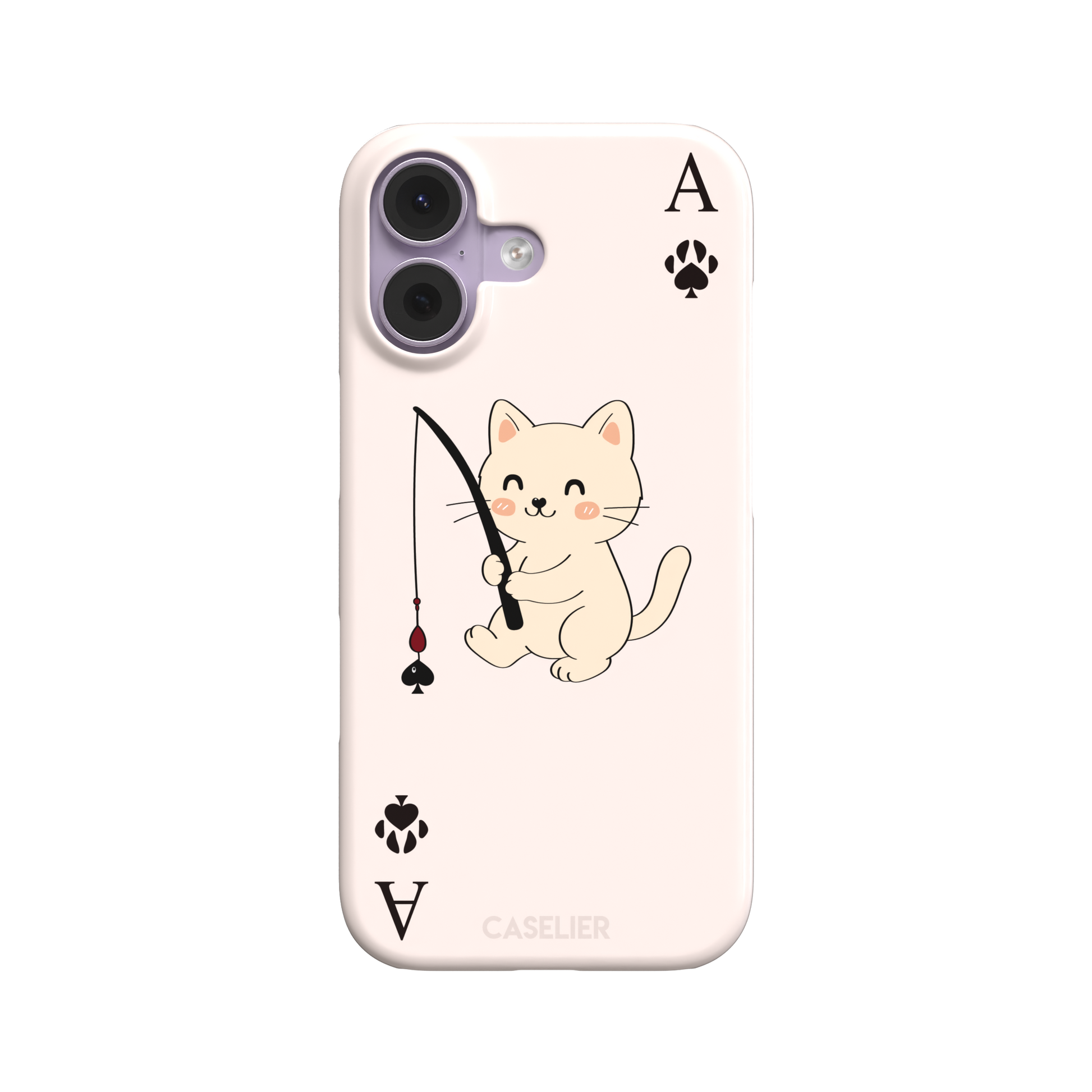 Ace of Spades phone case in blush pink from the Paw Decks collection, featuring a kawaii cream cat holding a fishing rod with a spade-shaped lure and paw print corner markers, phone case by Caselier — snap case, front view