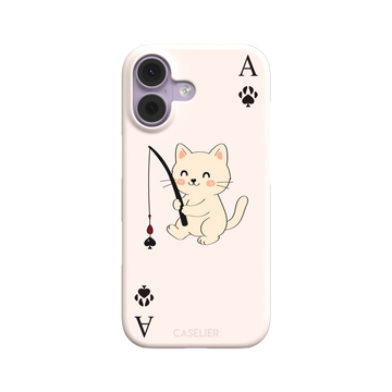 Ace of Spades phone case in blush pink from the Paw Decks collection, featuring a kawaii cream cat holding a fishing rod with a spade-shaped lure and paw print corner markers, phone case by Caselier — snap case, front view