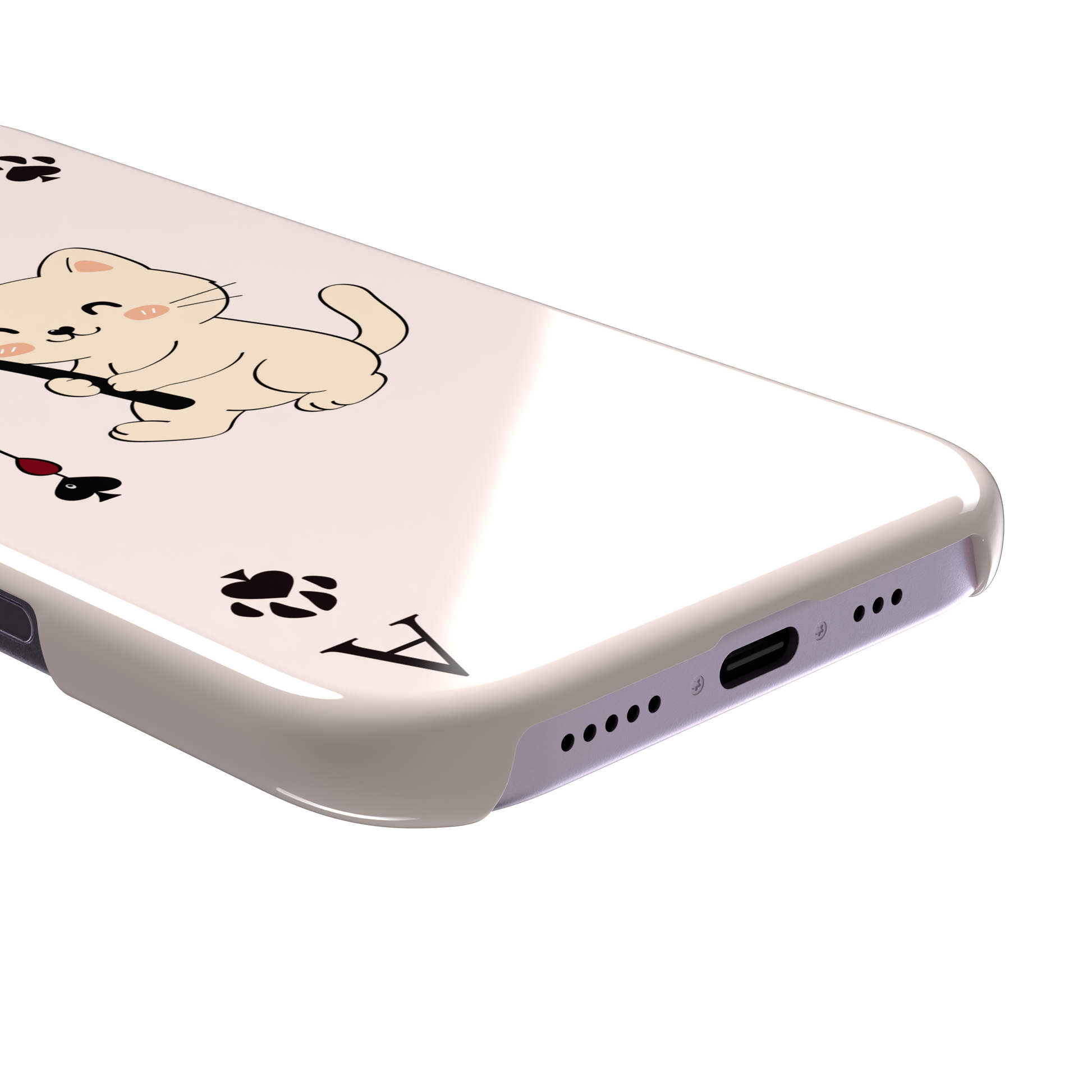 Ace of Spades phone case in blush pink from the Paw Decks collection, featuring a kawaii cream cat holding a fishing rod with a spade-shaped lure and paw print corner markers, phone case by Caselier — snap case, charging port detail