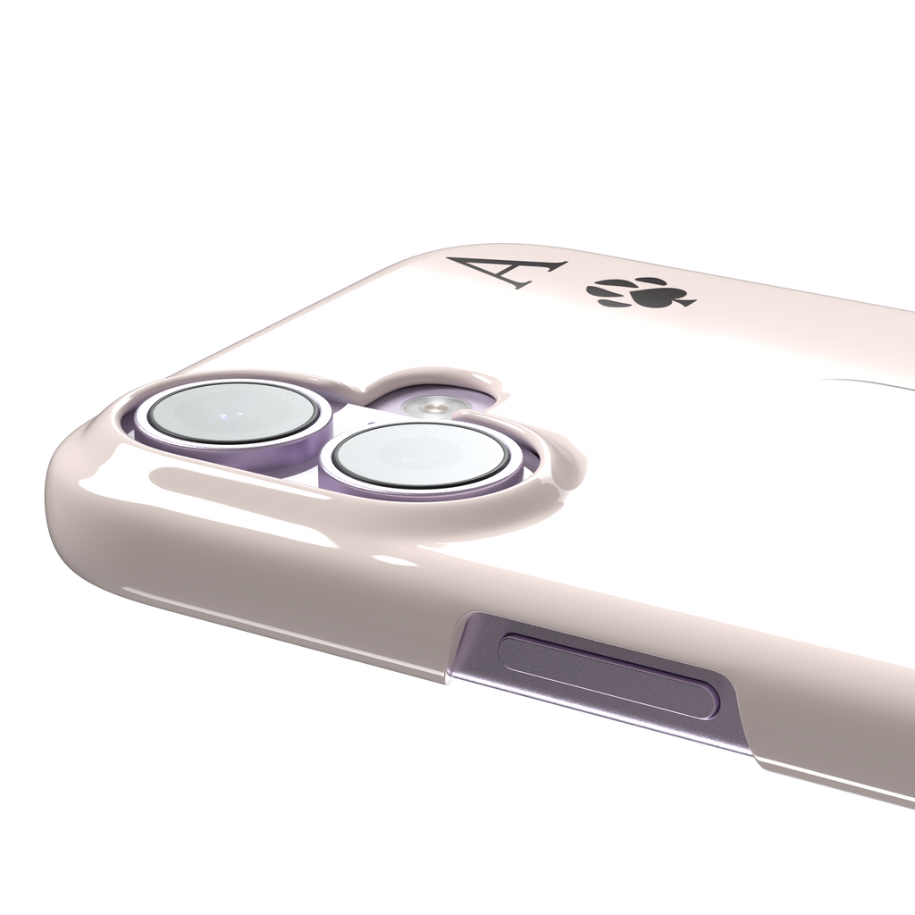 Ace of Spades phone case in blush pink from the Paw Decks collection, featuring a kawaii cream cat holding a fishing rod with a spade-shaped lure and paw print corner markers, phone case by Caselier — snap case, volume buttons detail