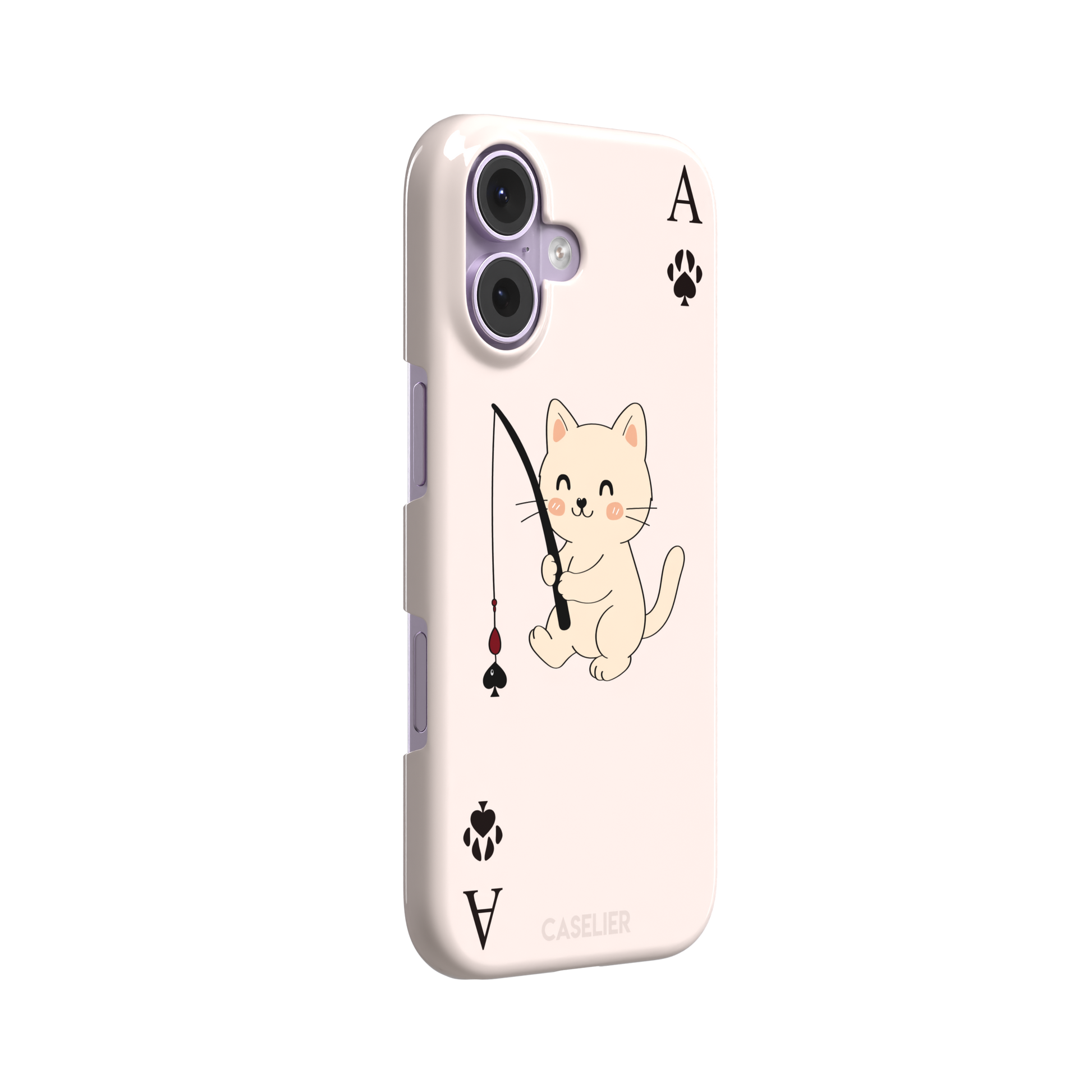 Ace of Spades phone case in blush pink from the Paw Decks collection, featuring a kawaii cream cat holding a fishing rod with a spade-shaped lure and paw print corner markers, phone case by Caselier — snap case, left view